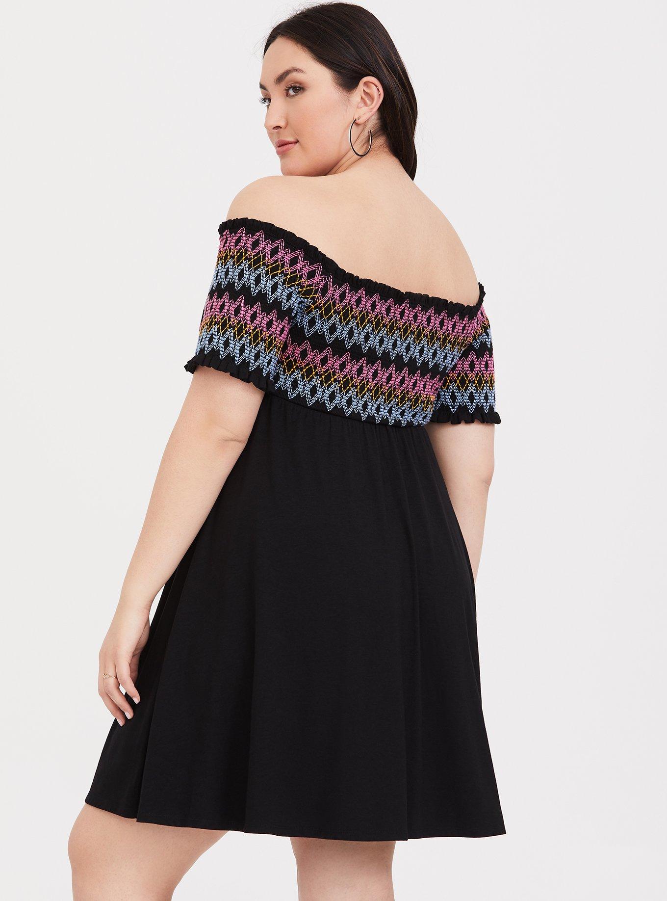 Plus Size Black Embroidered Jersey Off Shoulder Skater Dress, DEEP BLACK, alternate