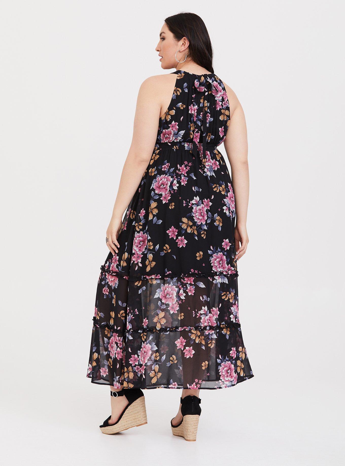 Plus Size - Black Floral Chiffon Pleated Maxi Dress - Torrid
