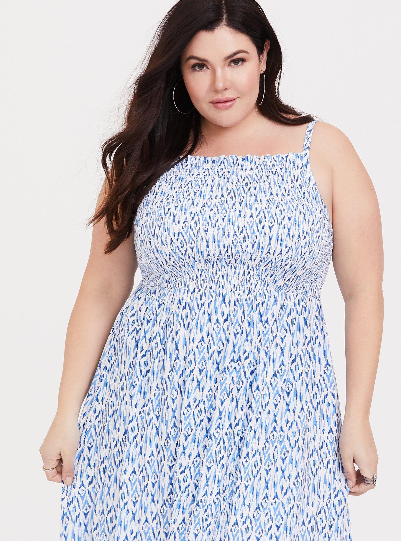 Blue Ikat Challis Smocked Midi Dress, , alternate