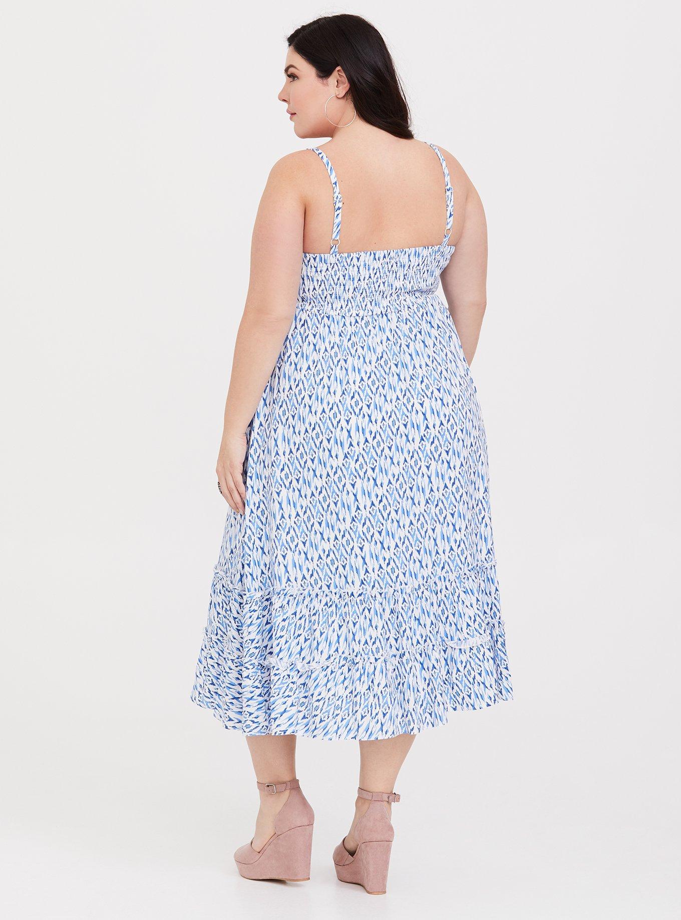 Blue Ikat Challis Smocked Midi Dress, , alternate
