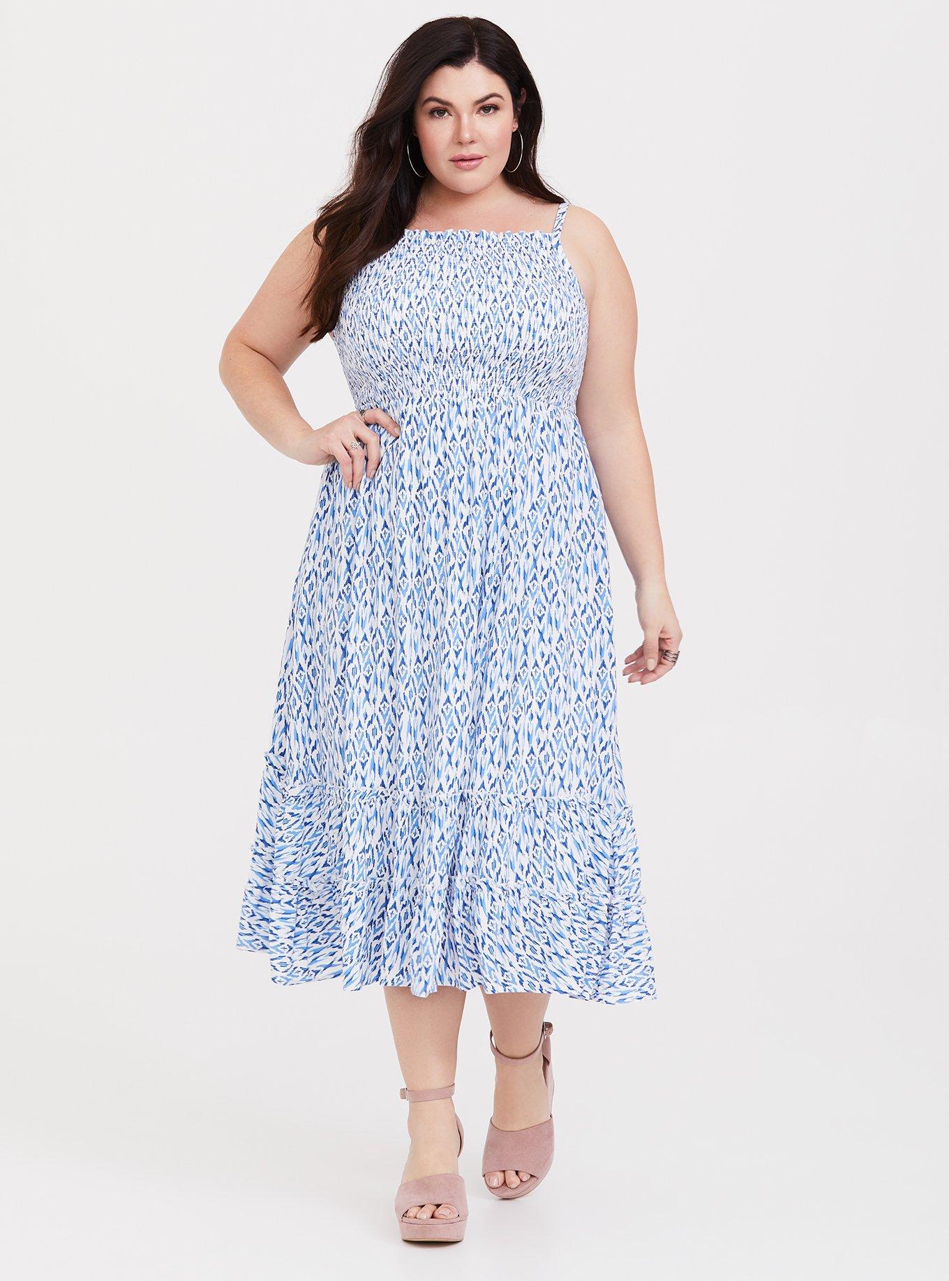 Blue Ikat Challis Smocked Midi Dress, , hi-res