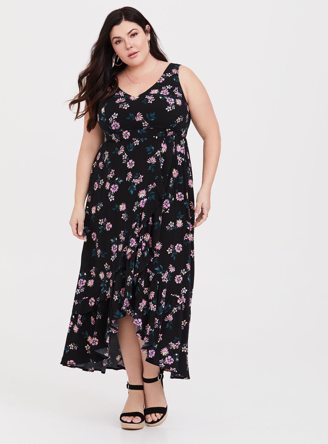 Plus Size - Black Floral Challis Maxi Wrap Dress - Torrid