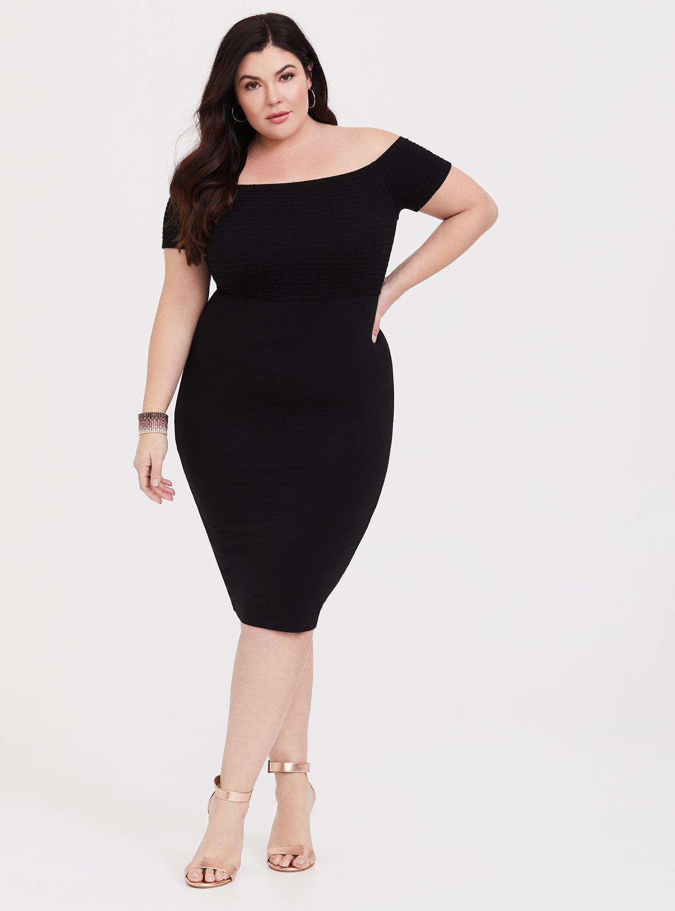 Plus Size Black Jersey Off Shoulder Bodycon Dress, , hi-res