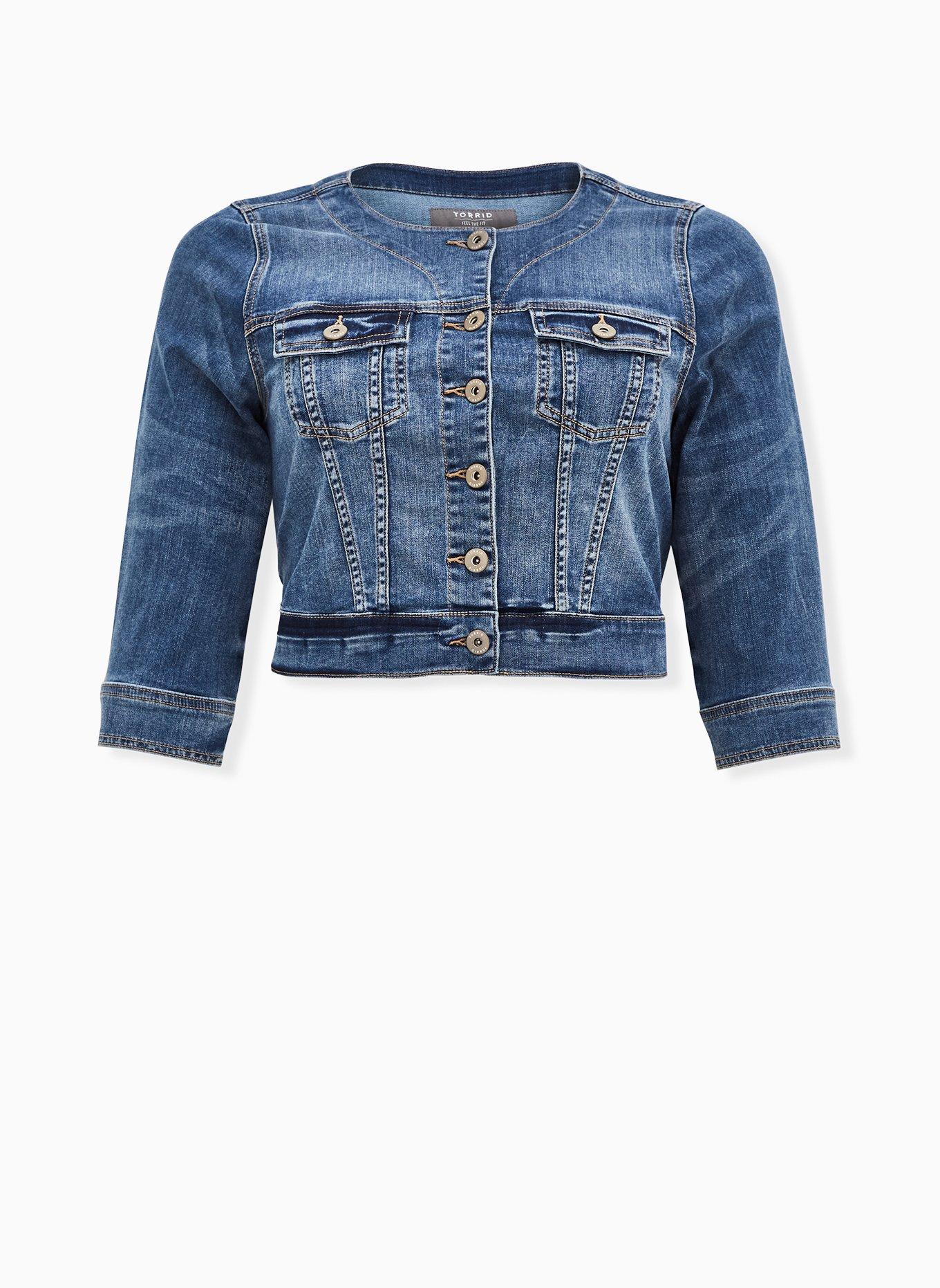 Plus Size Denim Crop Collarless Jacket, DARK WASH, hi-res