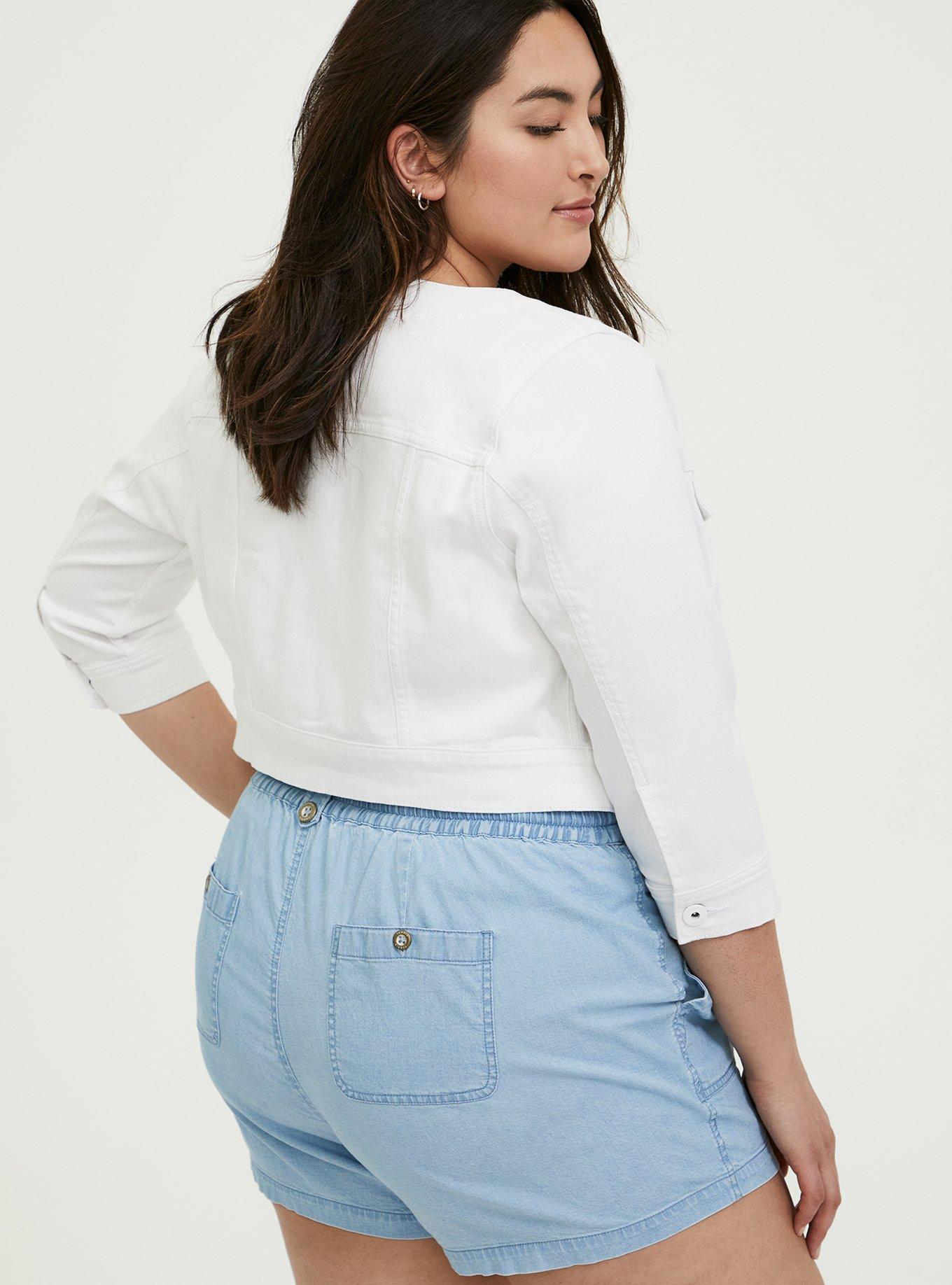 Plus Size Denim Crop Collarless Jacket, OPTIC WHITE, alternate