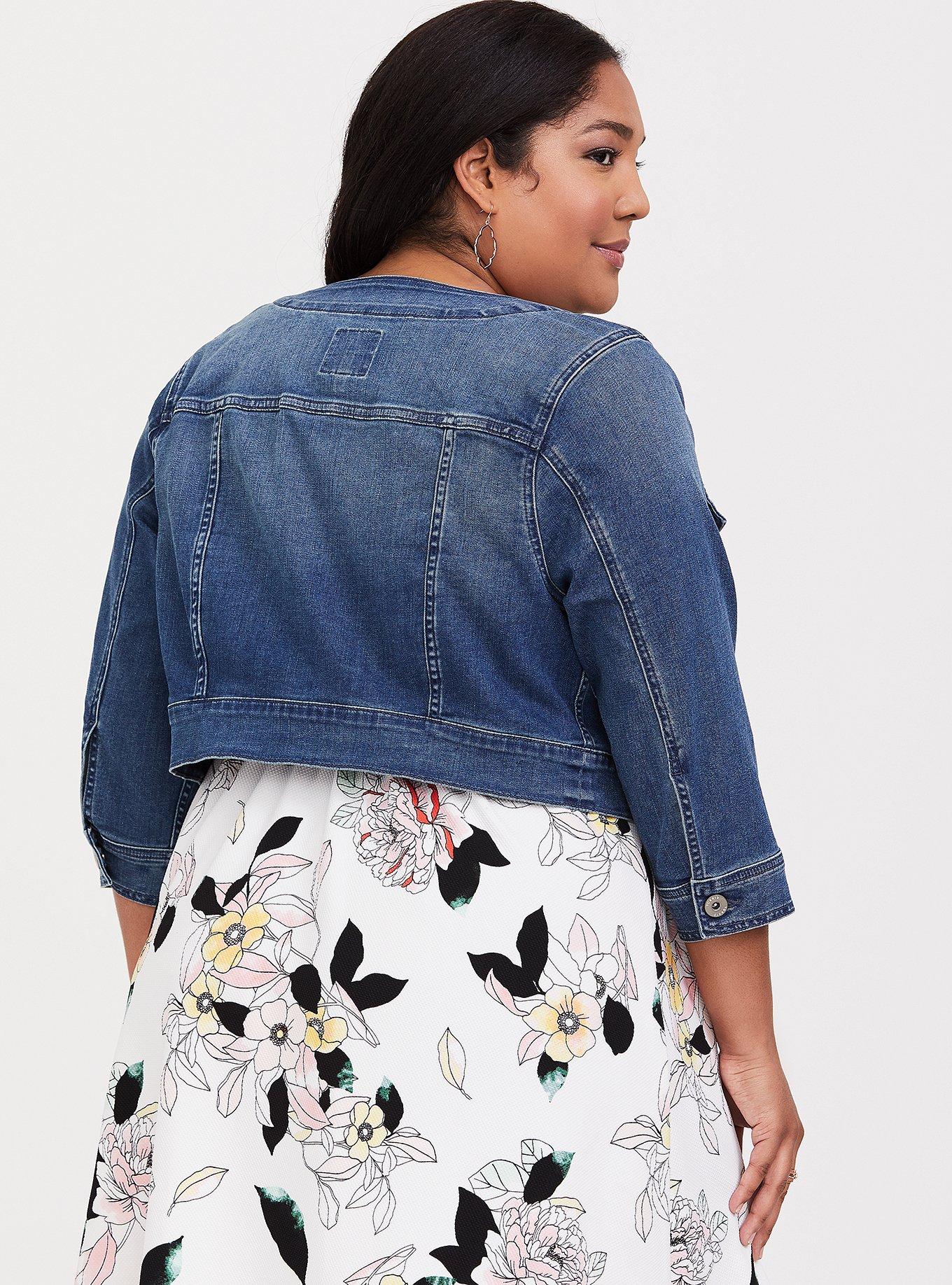 Denim Crop Collarless Jacket