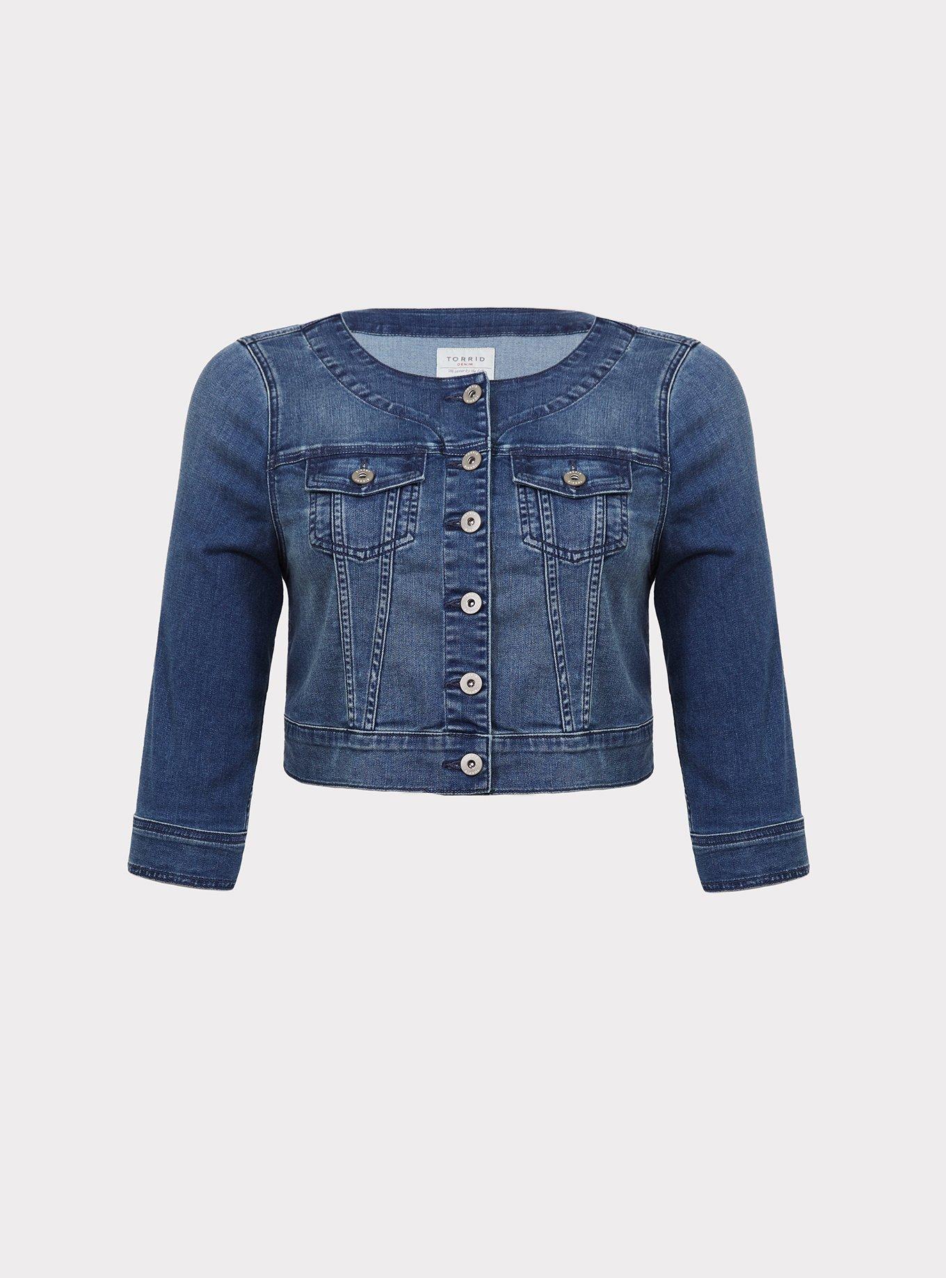 Denim Crop Collarless Jacket