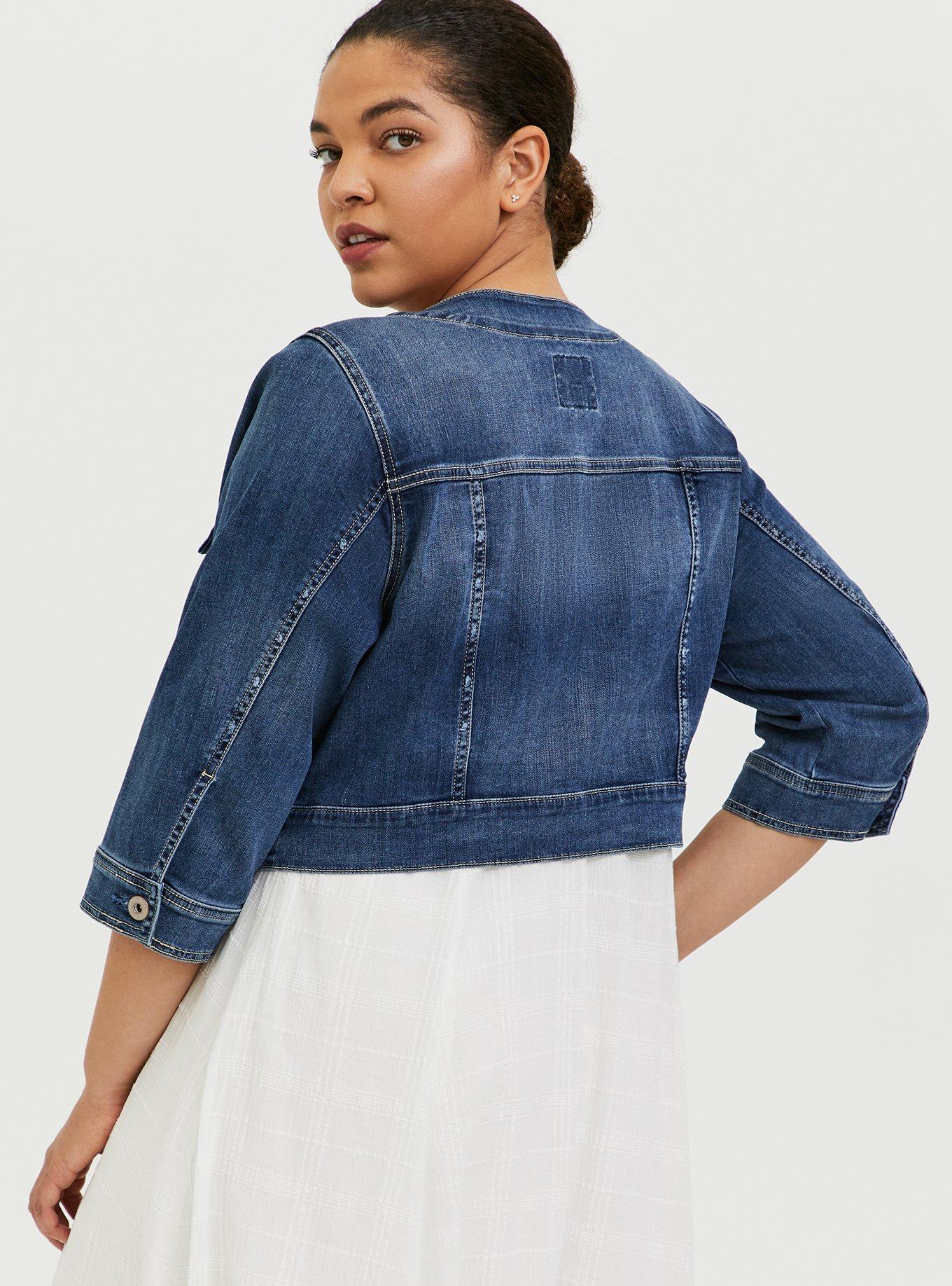 Denim Crop Collarless Jacket, MEDIUM, alternate