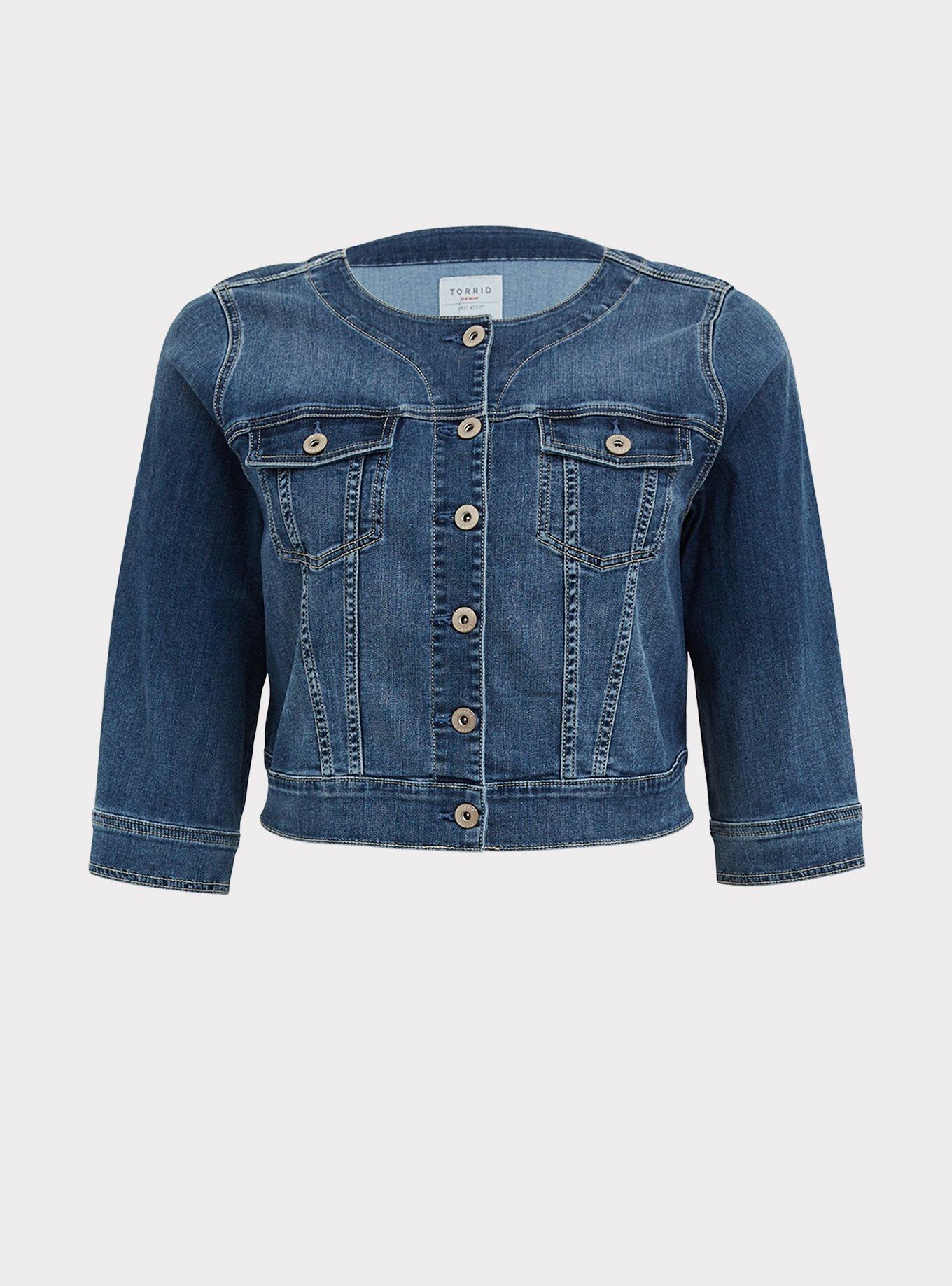 Denim Crop Collarless Jacket, MEDIUM, hi-res
