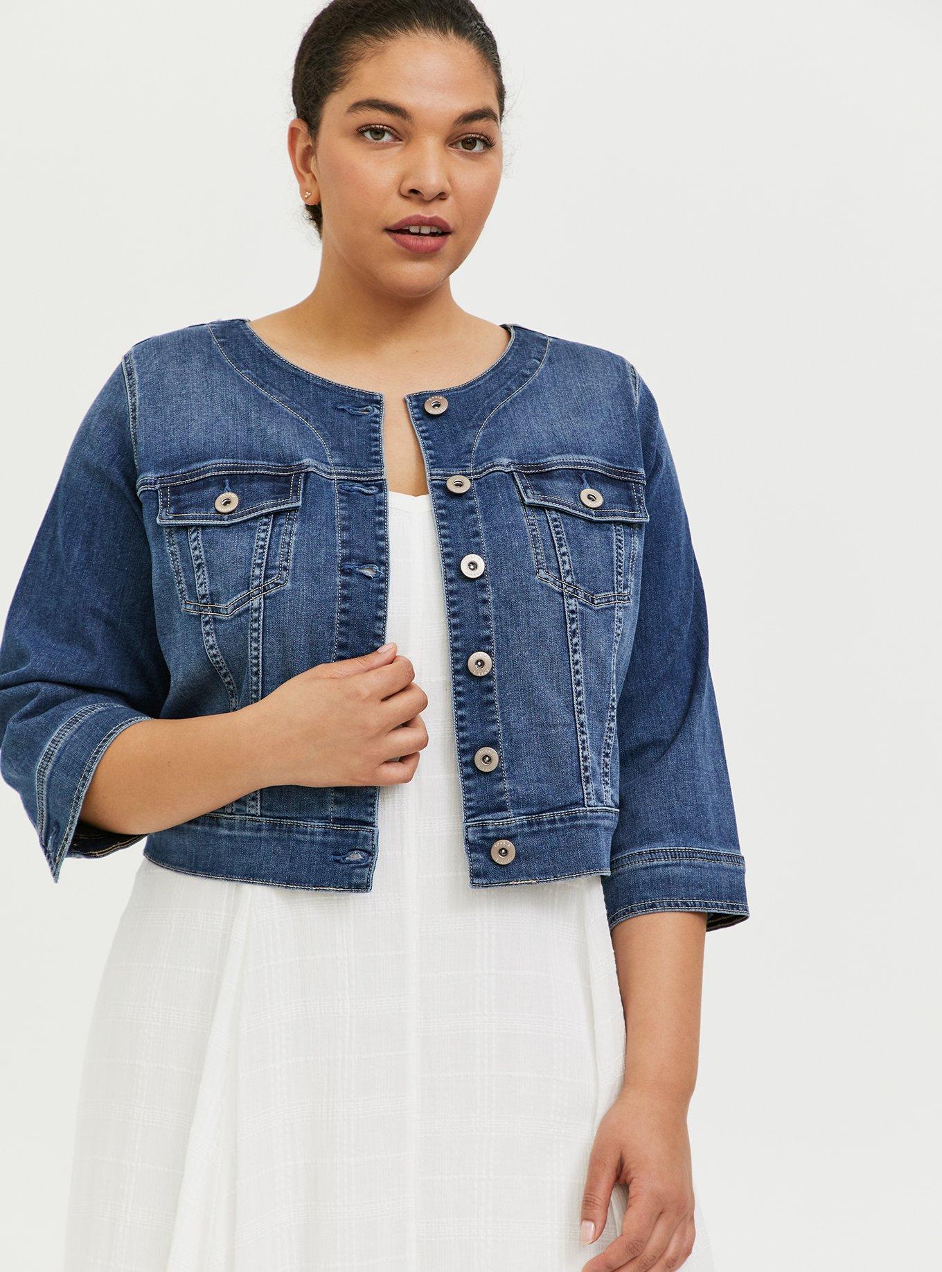 Denim Crop Collarless Jacket, MEDIUM, hi-res