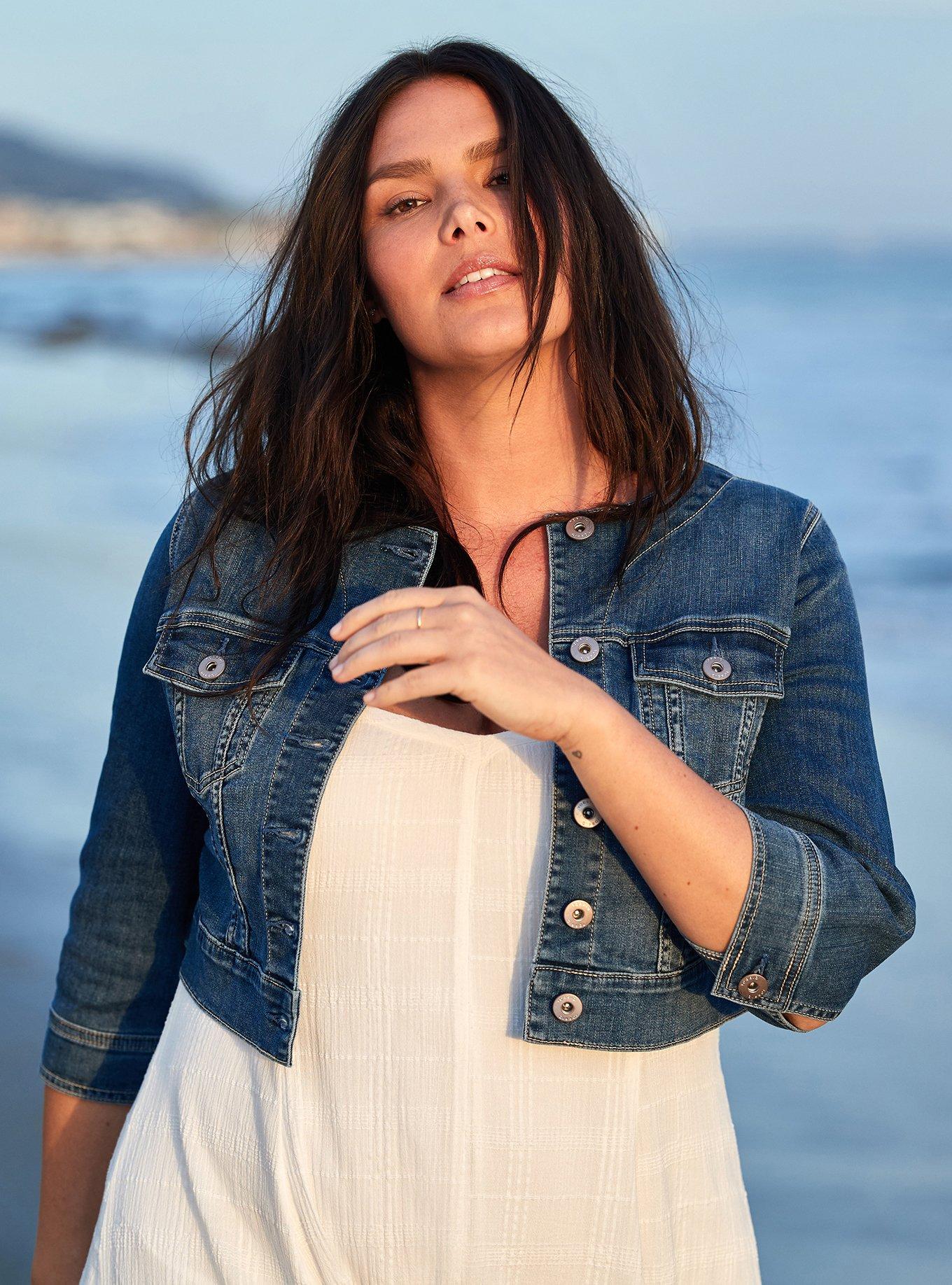 Denim Crop Collarless Jacket, MEDIUM, hi-res