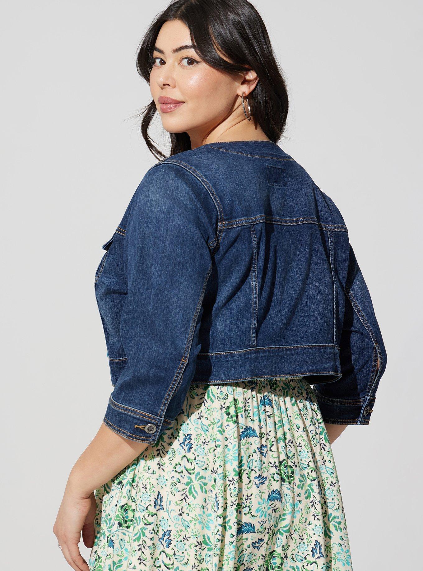 Plus Size - Denim Crop Collarless Jacket - Torrid