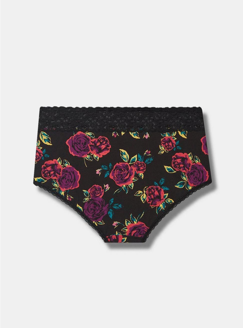 Cotton Mid-Rise Brief Lace Trim Panty, BRUSHED ROSES FLORAL BLACK, alternate