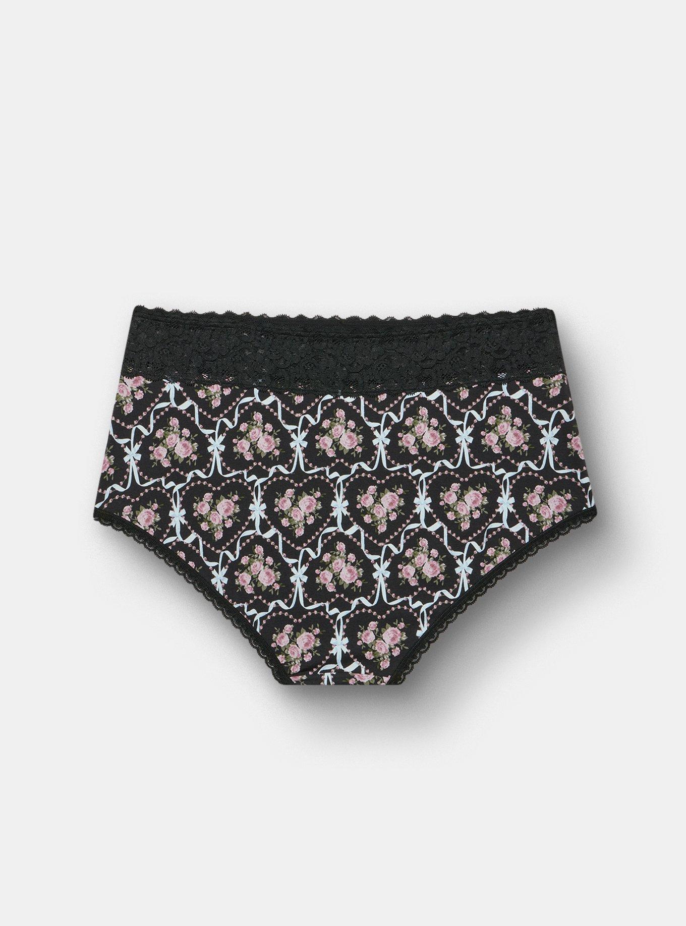 Cotton Mid-Rise Lace Trim Brief Panty, DAMASK FLOURISH FLORAL RICH BLACK, alternate