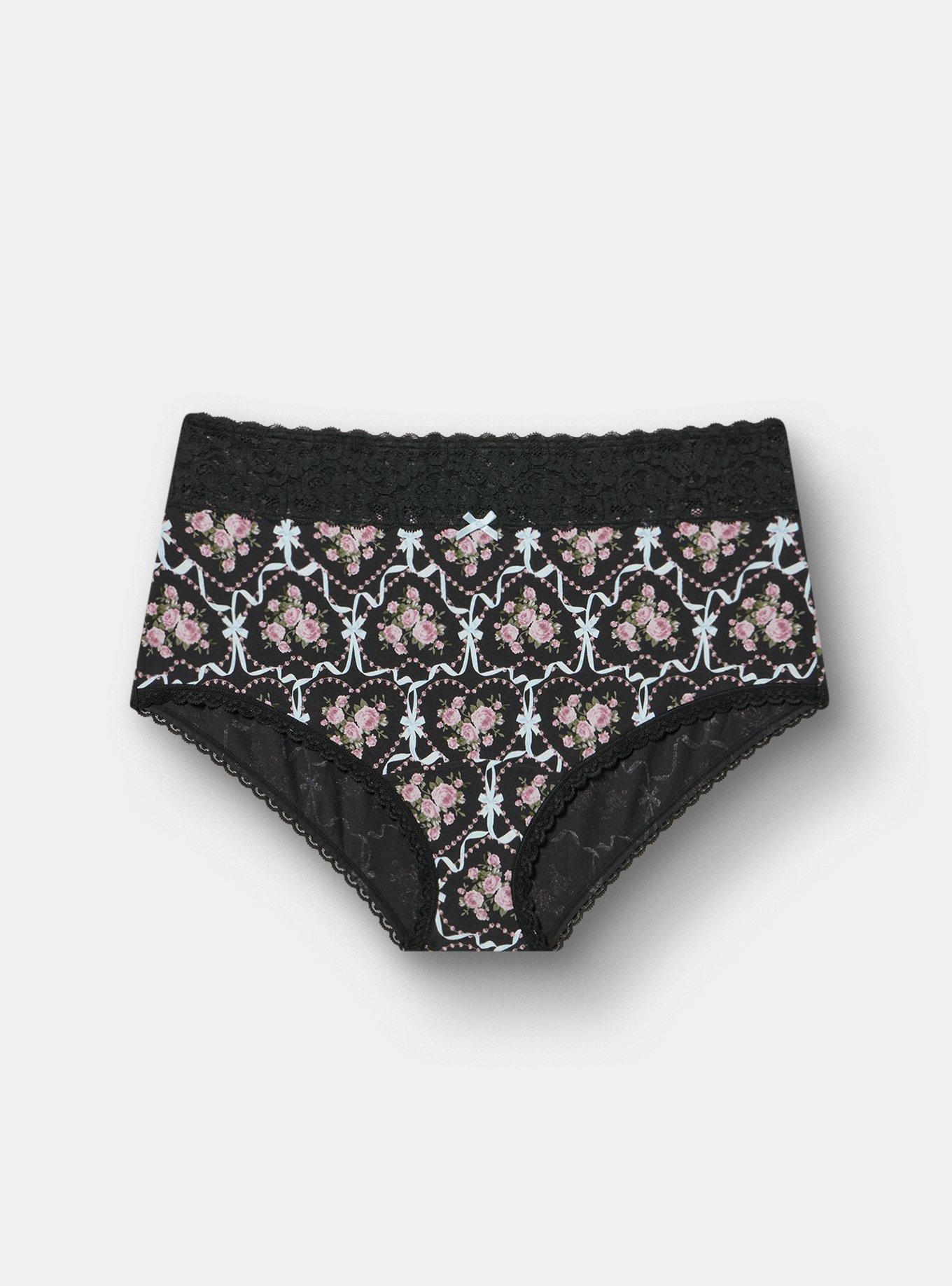 Cotton Mid-Rise Lace Trim Brief Panty, DAMASK FLOURISH FLORAL RICH BLACK, hi-res
