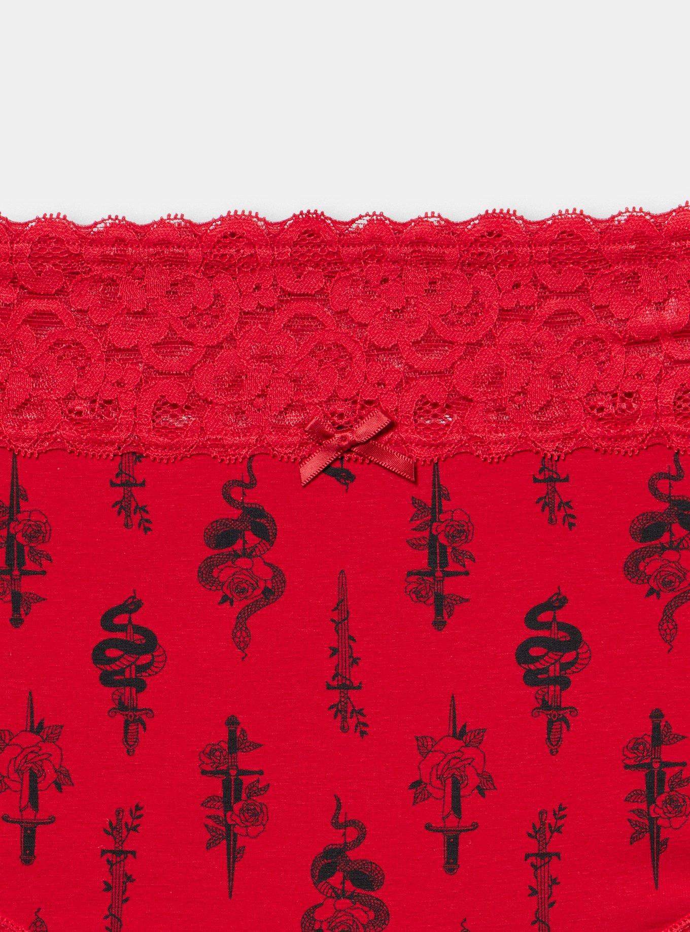 Cotton Mid-Rise Lace Trim Brief Panty, SNAKES AND DAGGERS JESTER RED, alternate