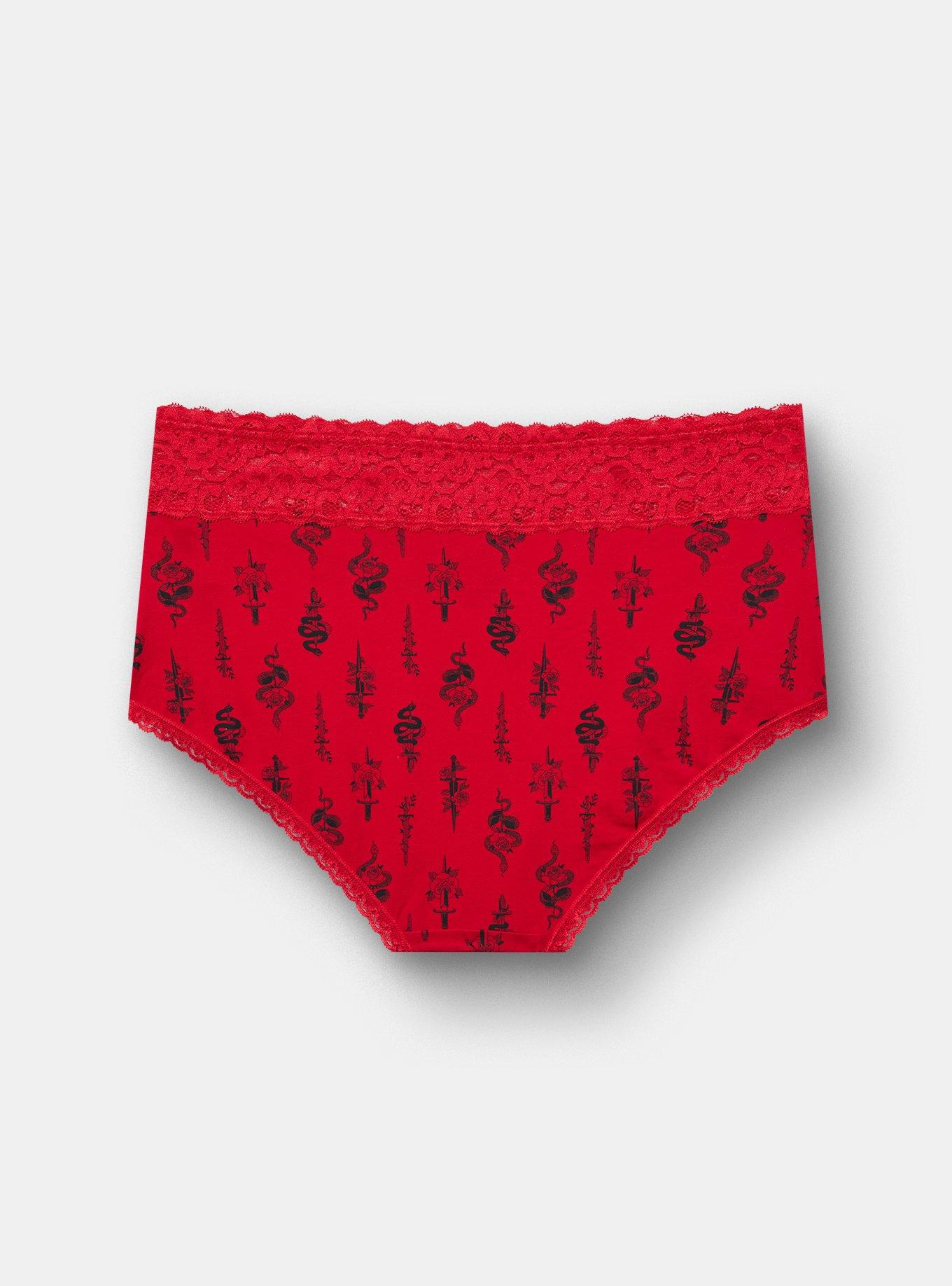 Cotton Mid-Rise Lace Trim Brief Panty, SNAKES AND DAGGERS JESTER RED, alternate
