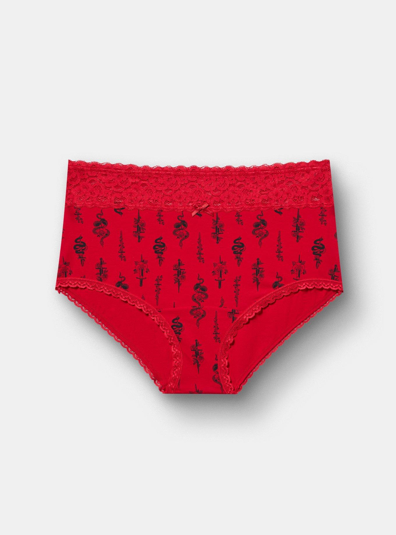 Cotton Mid-Rise Lace Trim Brief Panty, SNAKES AND DAGGERS JESTER RED, hi-res
