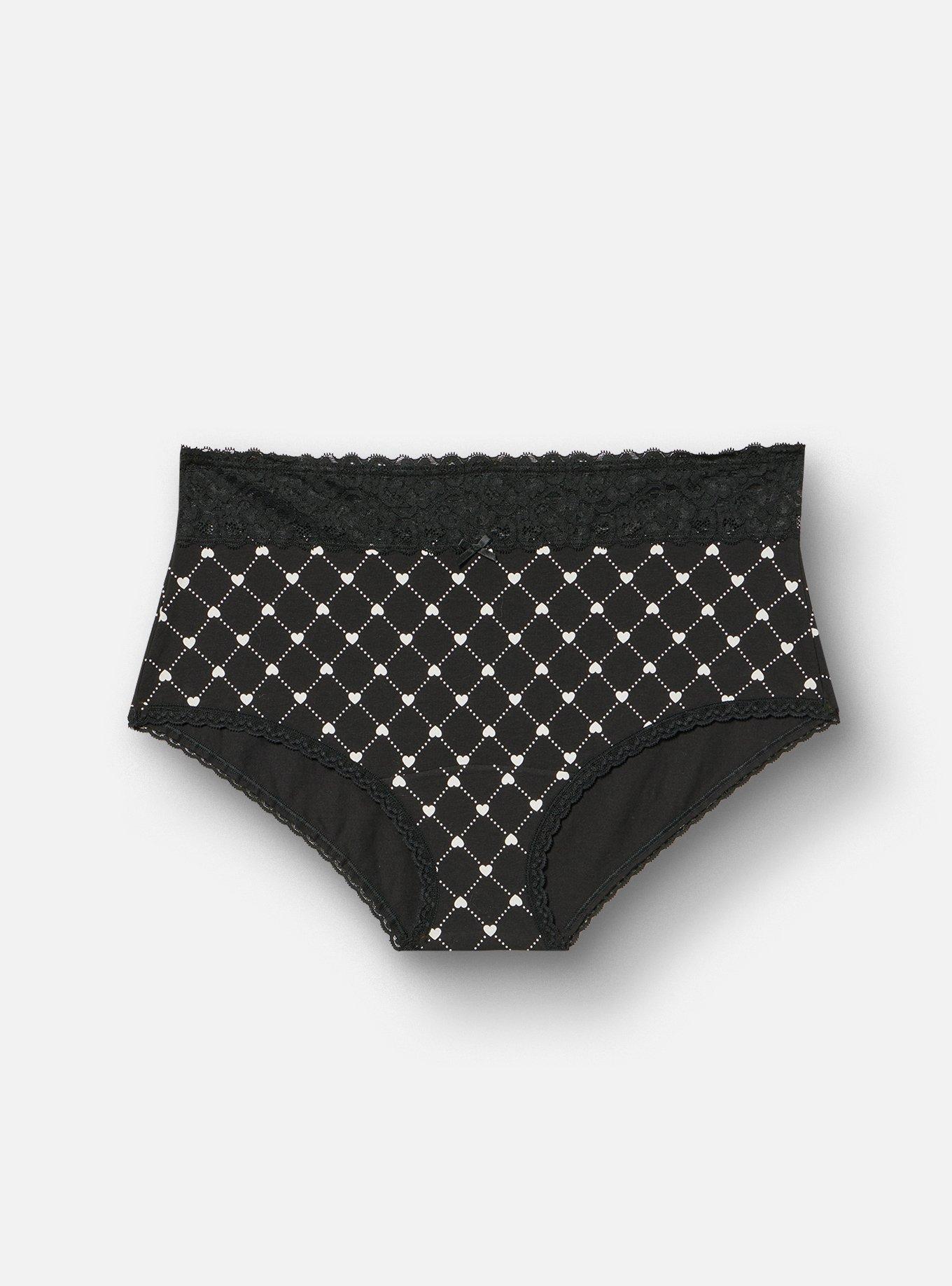 Plus Size Cotton Mid-Rise Lace Trim Brief Panty, LOTTIE HEARTS RICH BLACK, hi-res