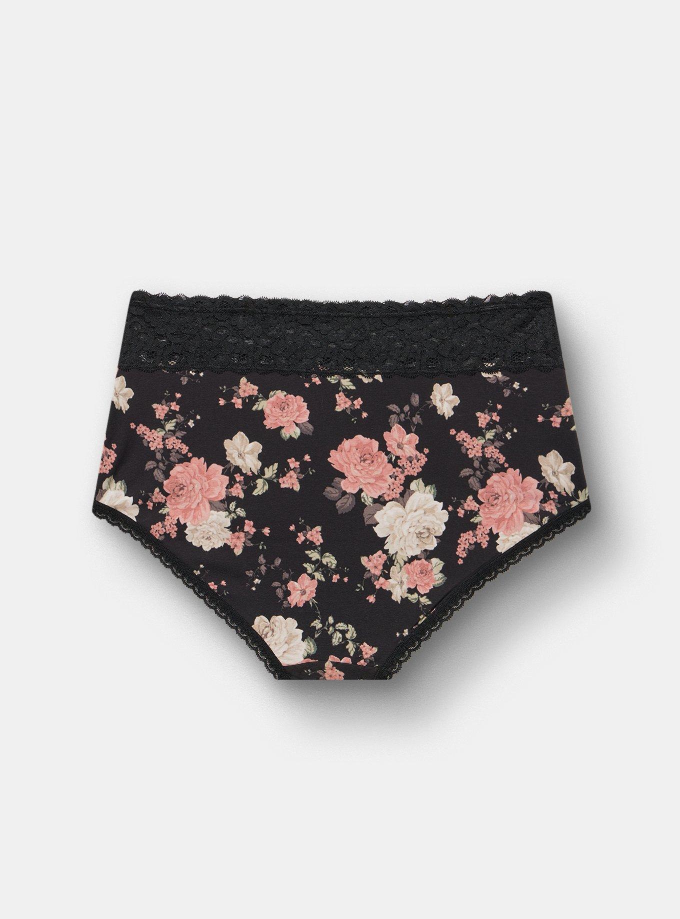 Cotton Mid-Rise Lace Trim Brief Panty, LOVER FLORAL SMALL RICH BLACK, alternate