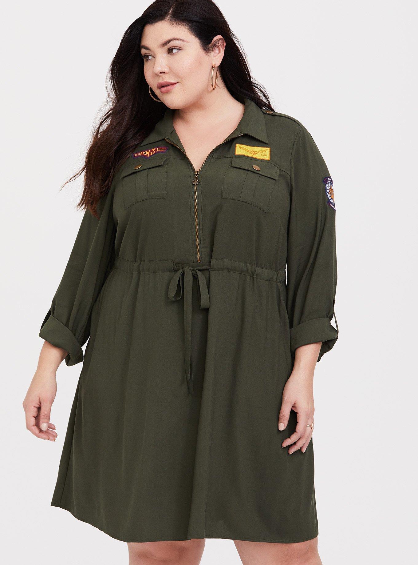 Plus Size Her Universe Captain Marvel Olive Patchwork Shirt Dress Torrid