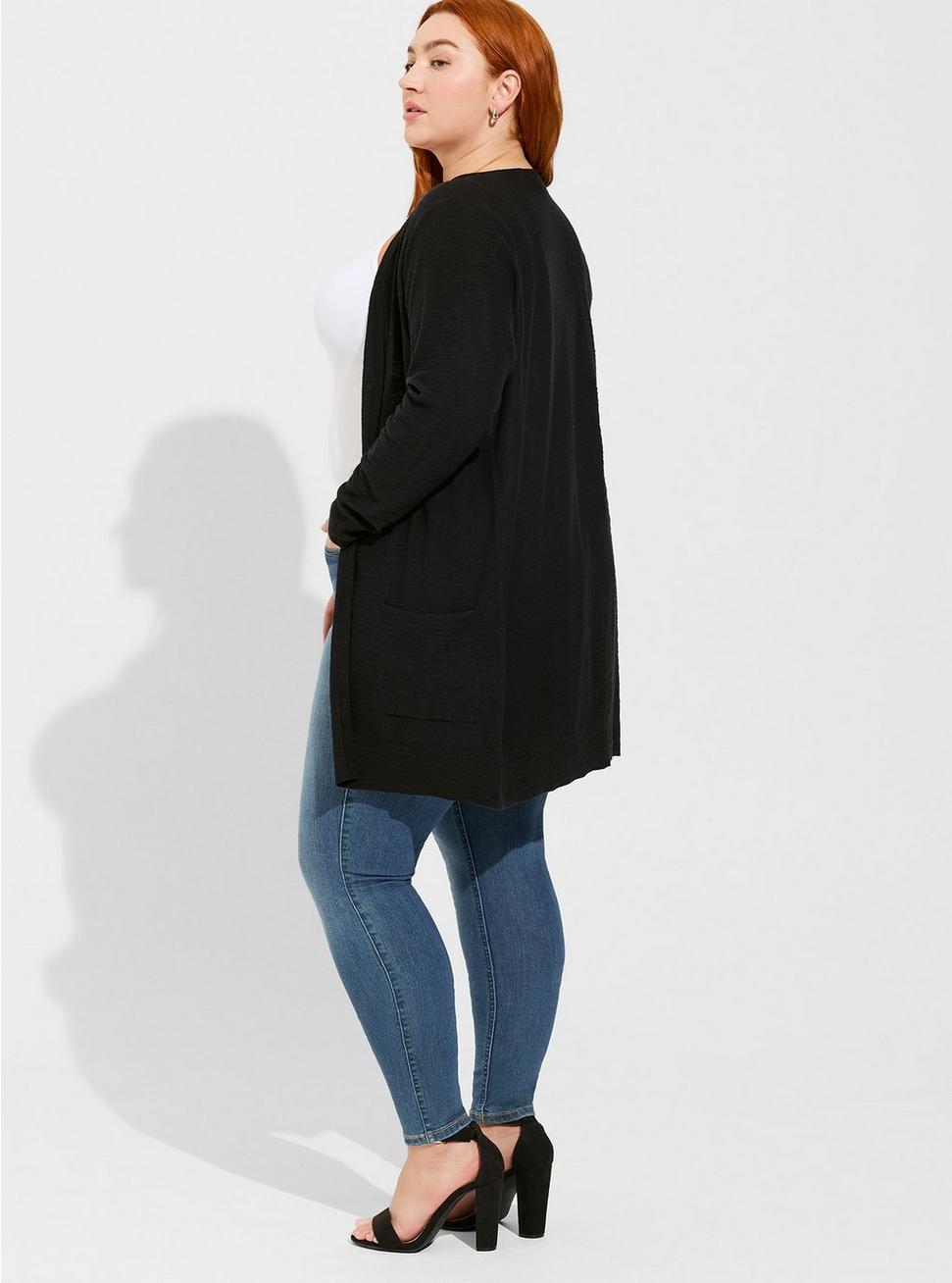 Plus Size Slub Boyfriend Cardigan Button-Front Sweater, BLACK, alternate