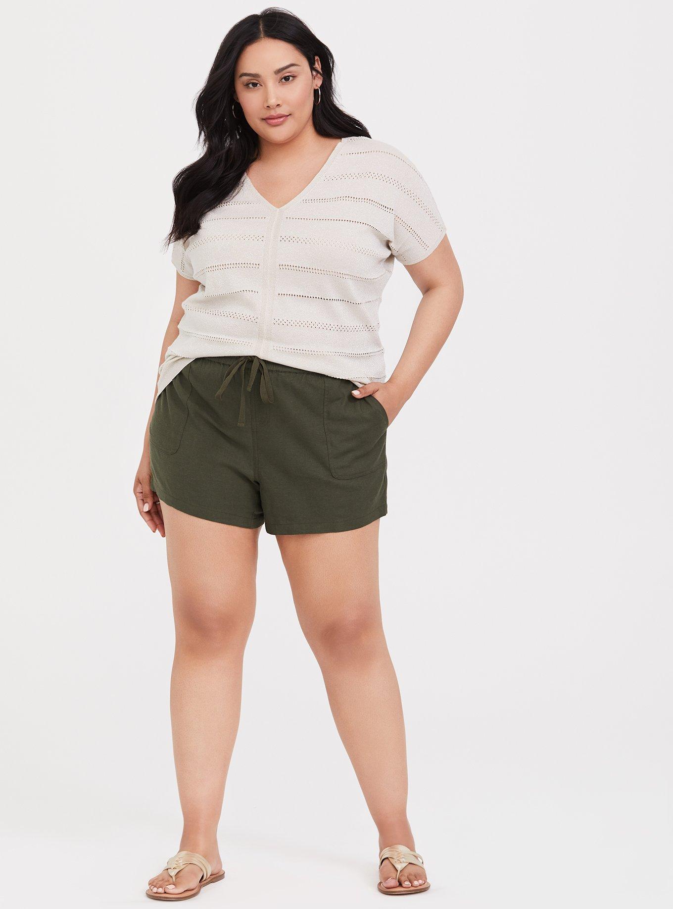 Plus Size Olive Green Drawstring Linen Short Torrid