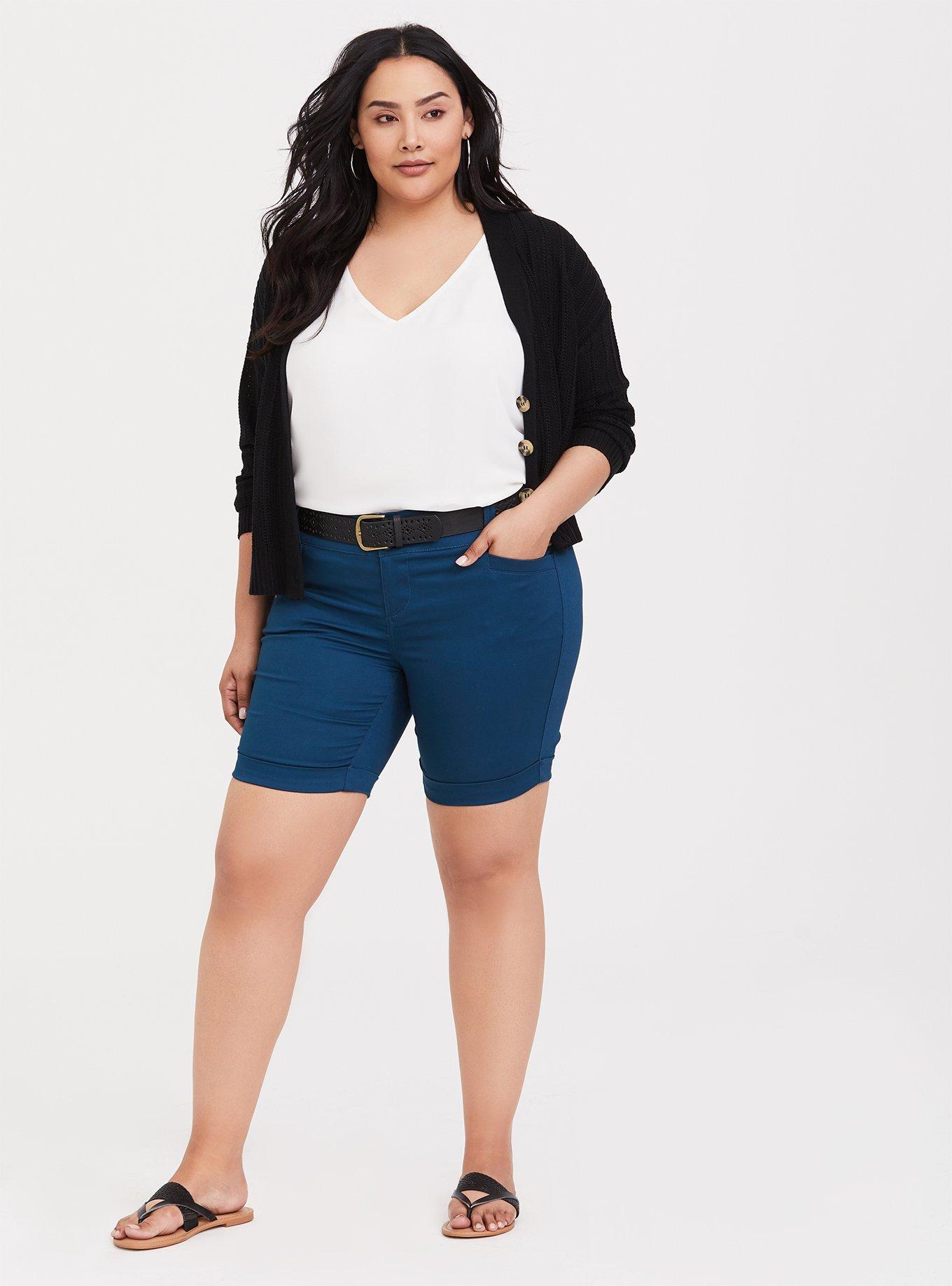 Plus Size - Sateen Belted Mid Bermuda Short - Blue - Torrid