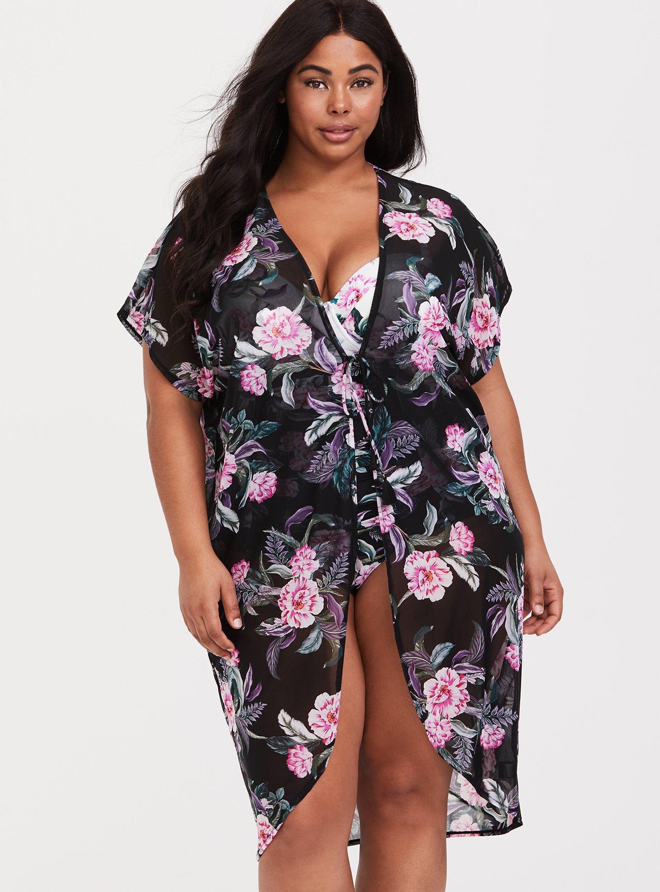 Plus Size - Black Mesh Floral Kimono Swim Cover-Up - Torrid