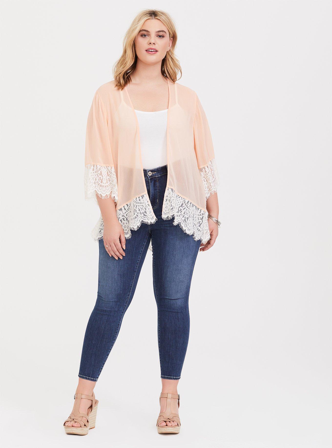 Plus Size Peach Chiffon Lace Kimono, PEACH MIMOSA, alternate