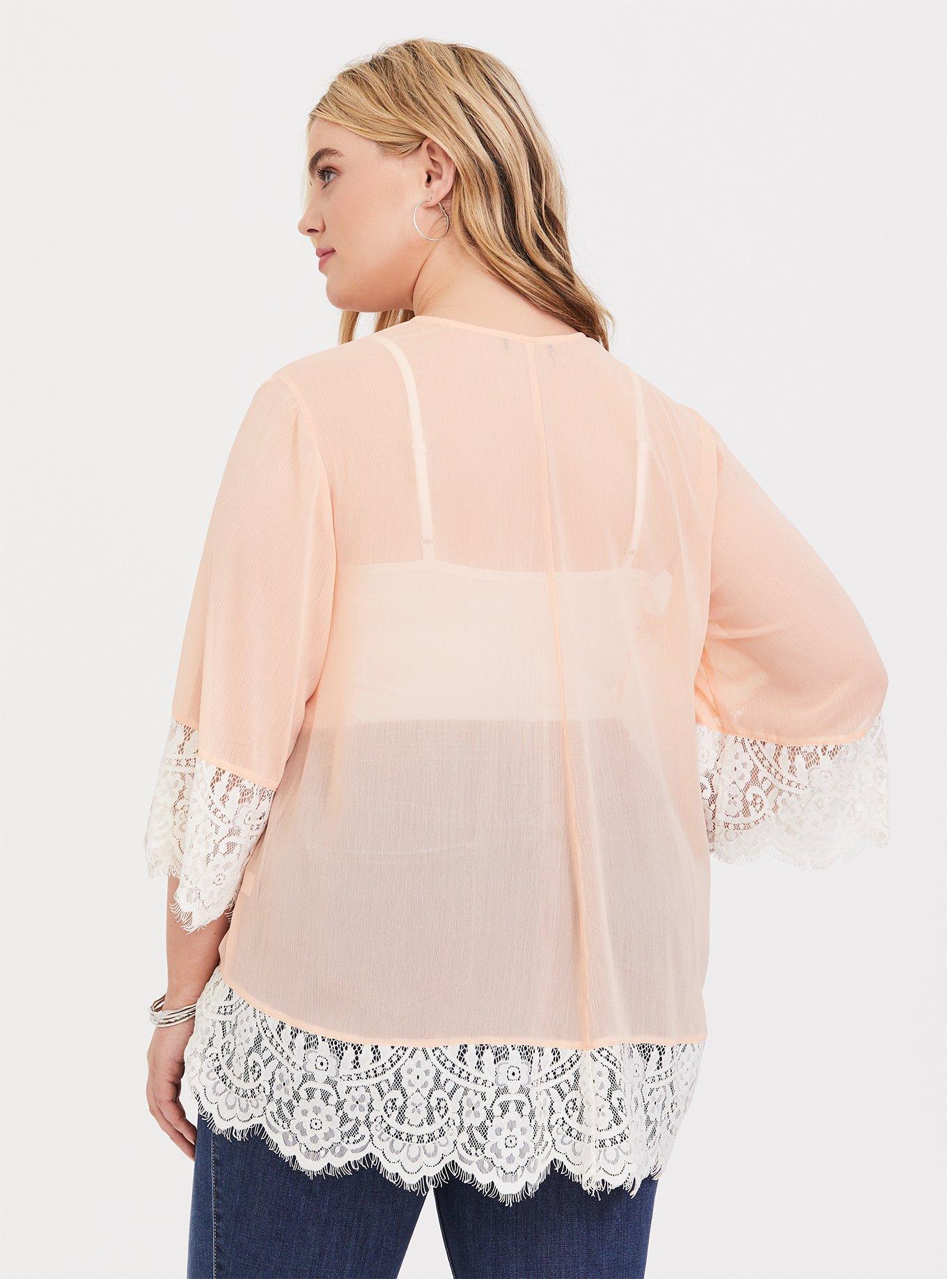 Plus Size Peach Chiffon Lace Kimono, PEACH MIMOSA, alternate