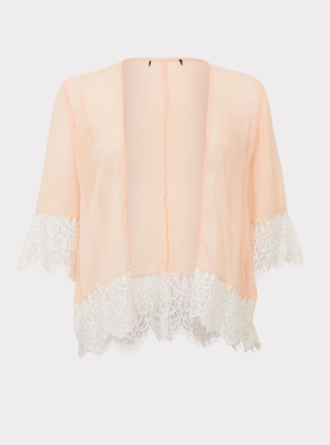 Peach Chiffon Lace Kimono, , hi-res