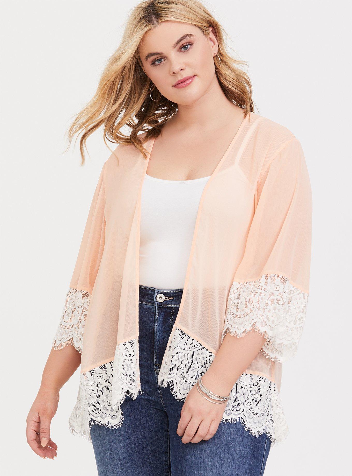 Peach Chiffon Lace Kimono, , hi-res