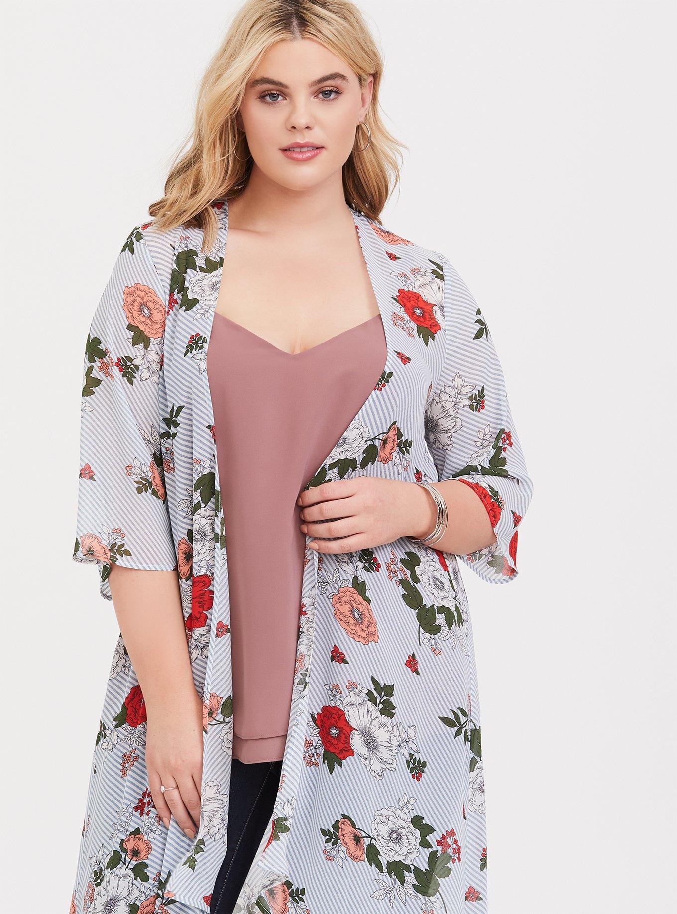Blue Stripe Floral Chiffon Kimono, STRIPED FLORAL WHITE, alternate