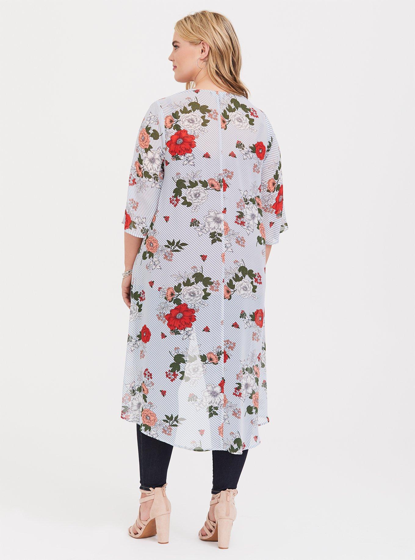 Blue Stripe Floral Chiffon Kimono, STRIPED FLORAL WHITE, alternate