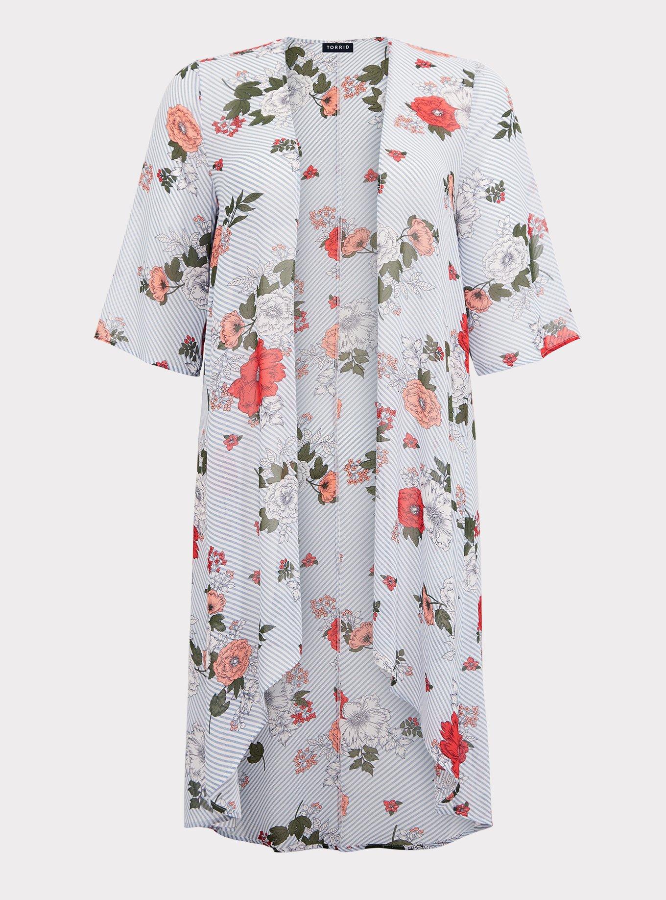 Blue Stripe Floral Chiffon Kimono, STRIPED FLORAL WHITE, hi-res
