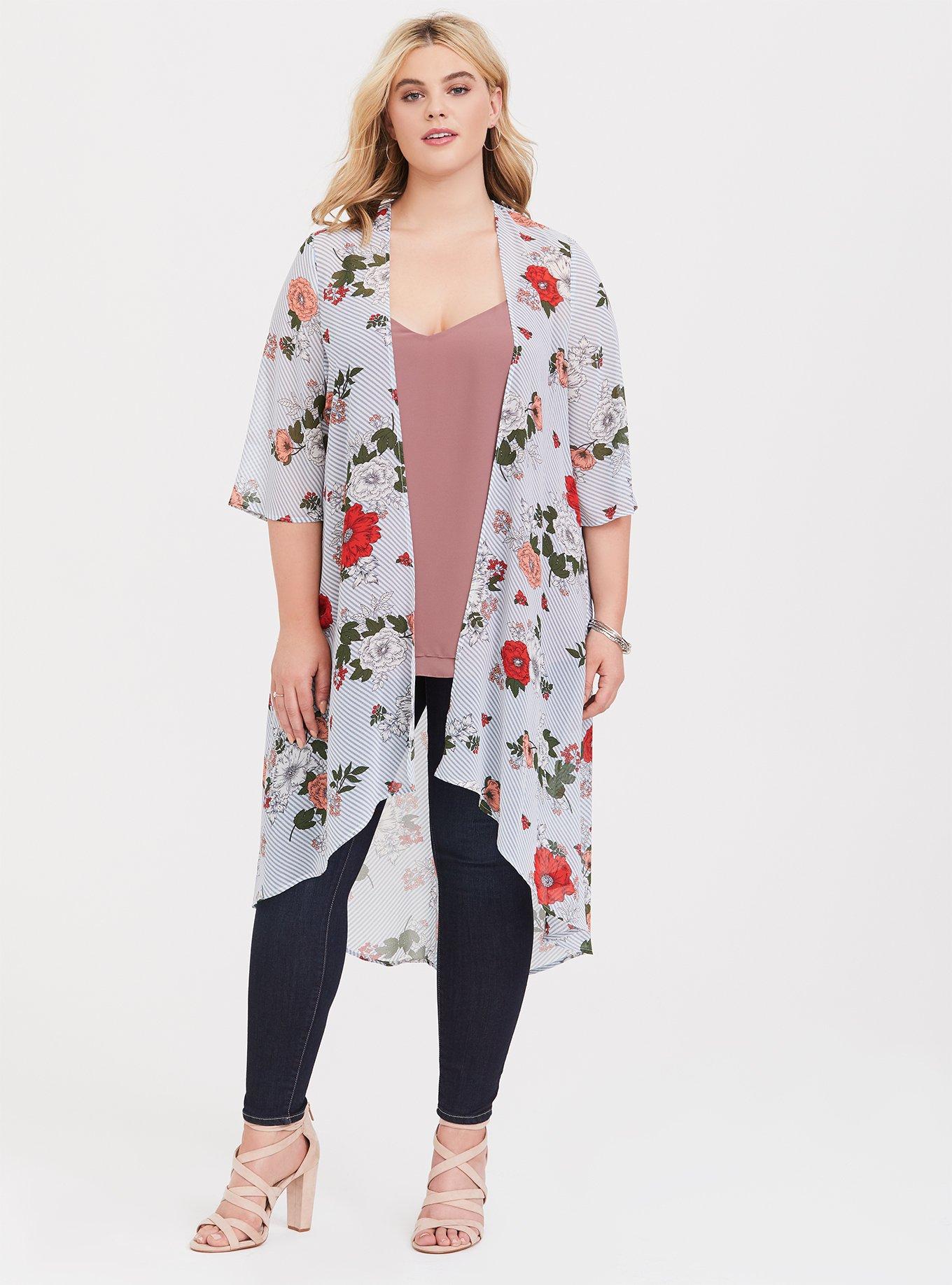 Blue Stripe Floral Chiffon Kimono, STRIPED FLORAL WHITE, hi-res