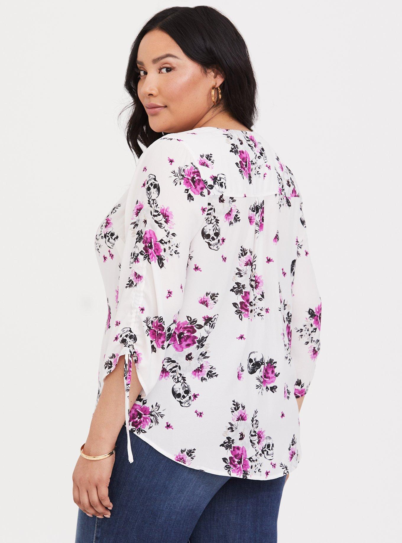 Plus Size Ivory Skull Floral Crepe Tie-Sleeve Blouse, FLORAL WHITE, alternate