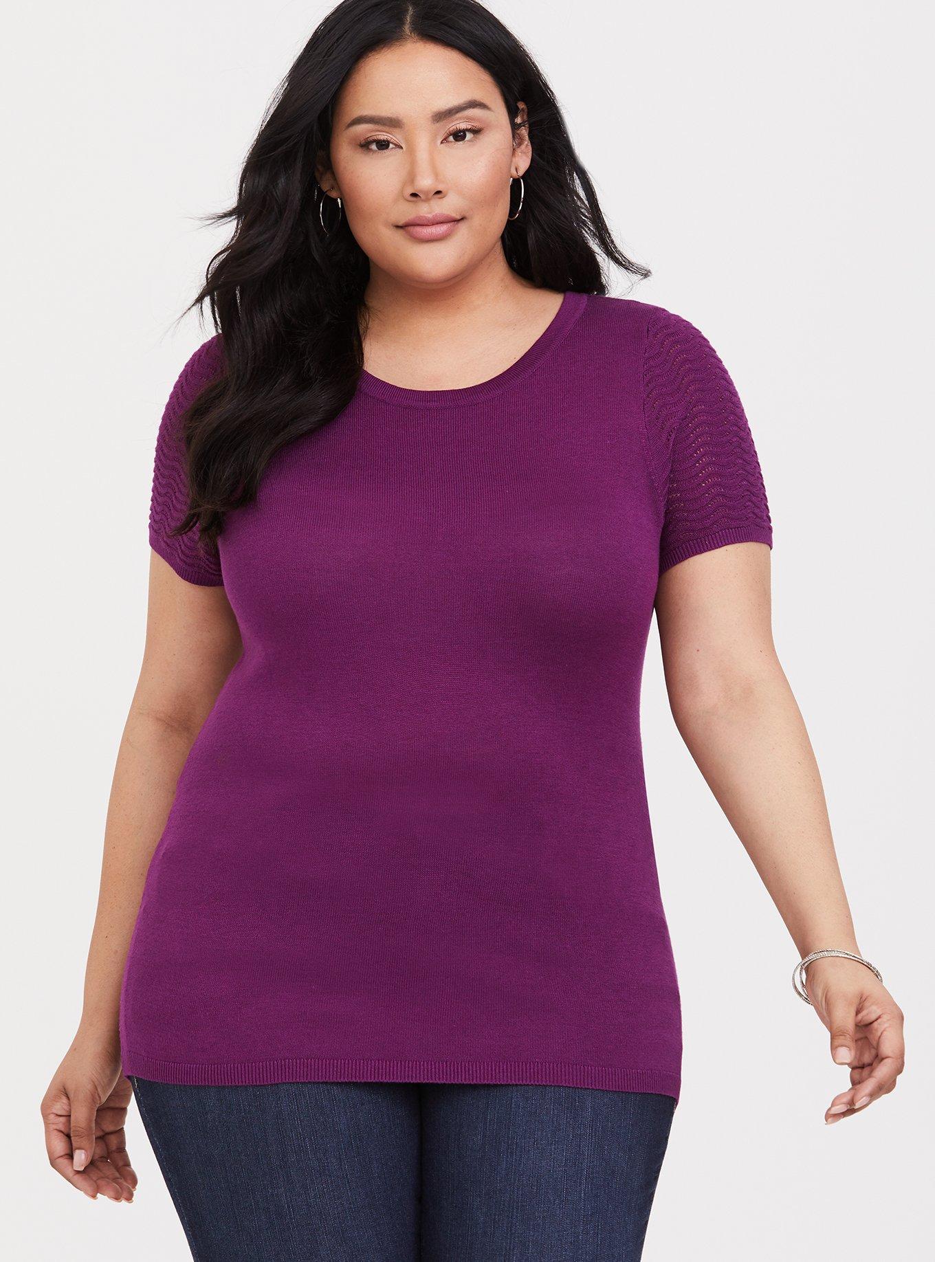 Berry Purple Pointelle Sweater-Knit Top, MAGENTA PURPLE, hi-res
