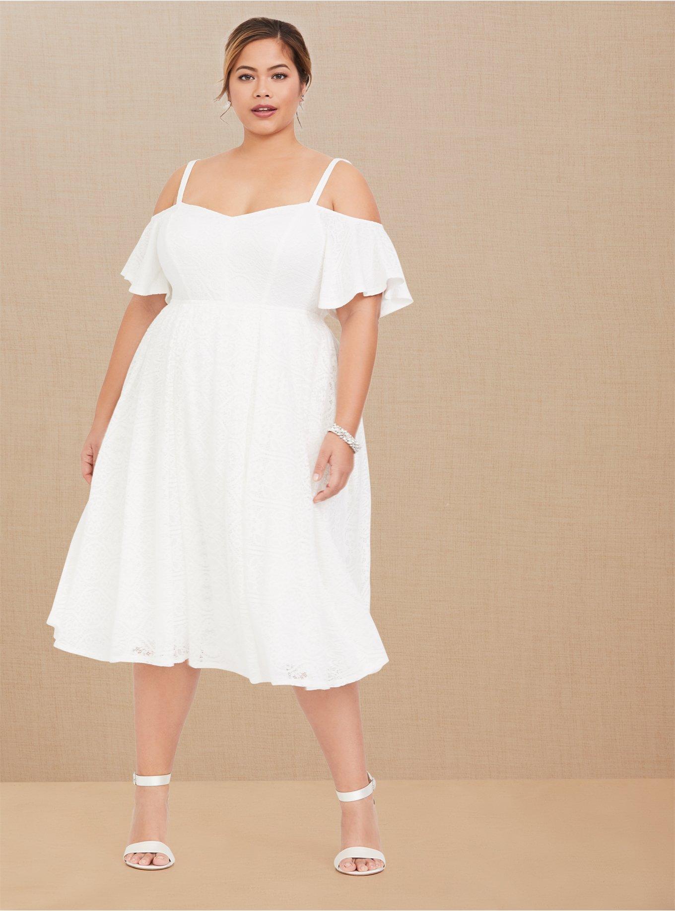 Plus Size Special Occasion Ivory Lace Cold Shoulder Skater Dress