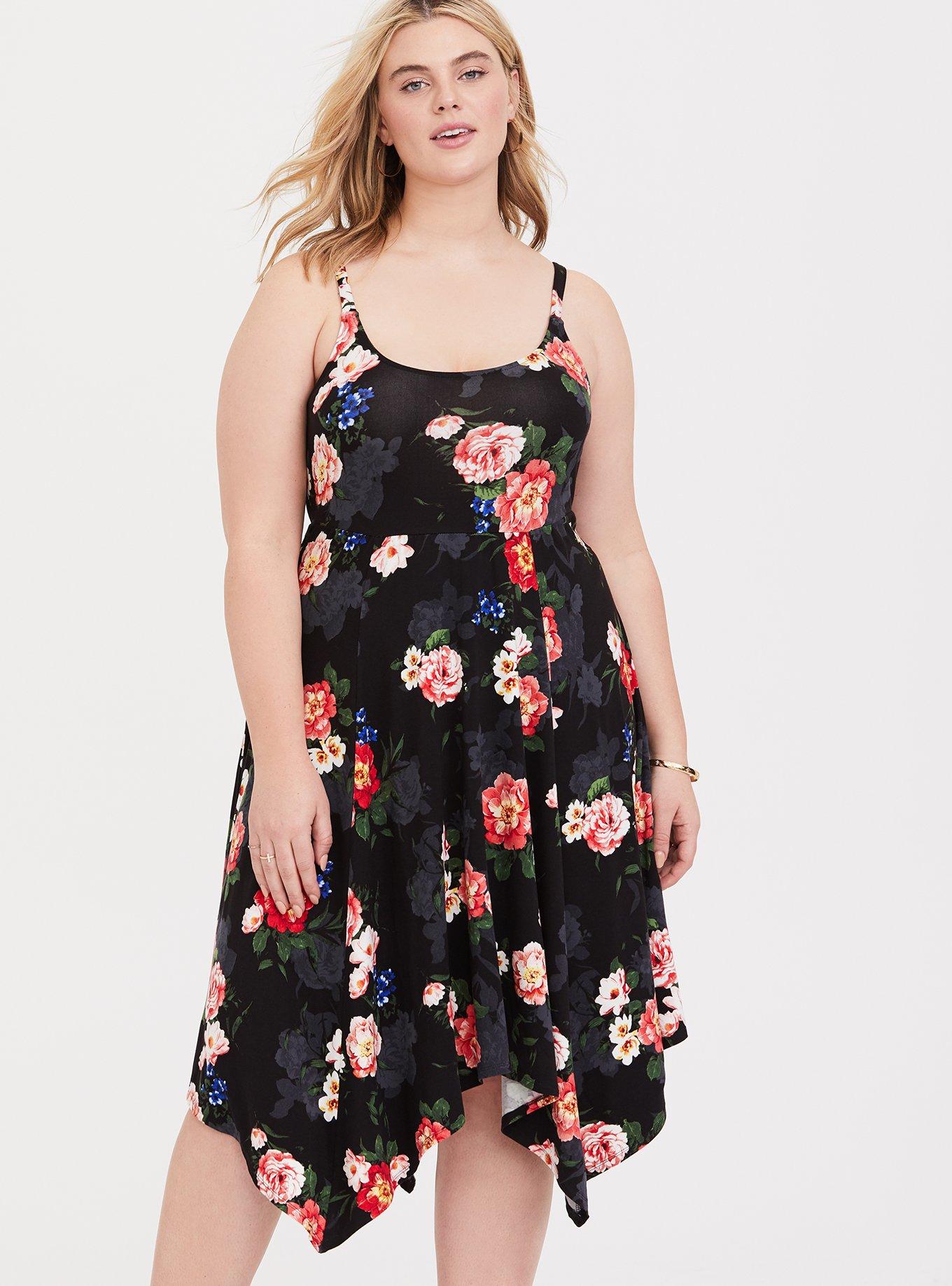Plus Size Black Floral Trapeze Dress, FLORAL BLACK, alternate