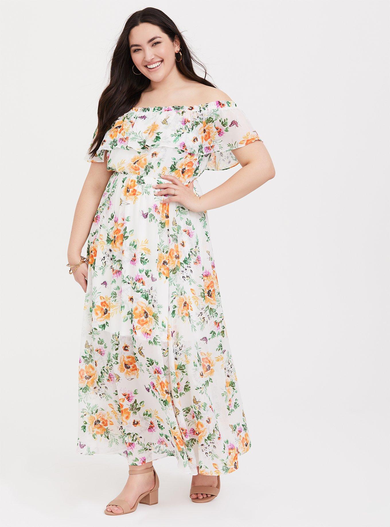 NWT Torrid Plus Size 1 1X 14/16 MAXI CHALLIS OFF-SHOULDER DRESS BRIGHT  FLOWERS