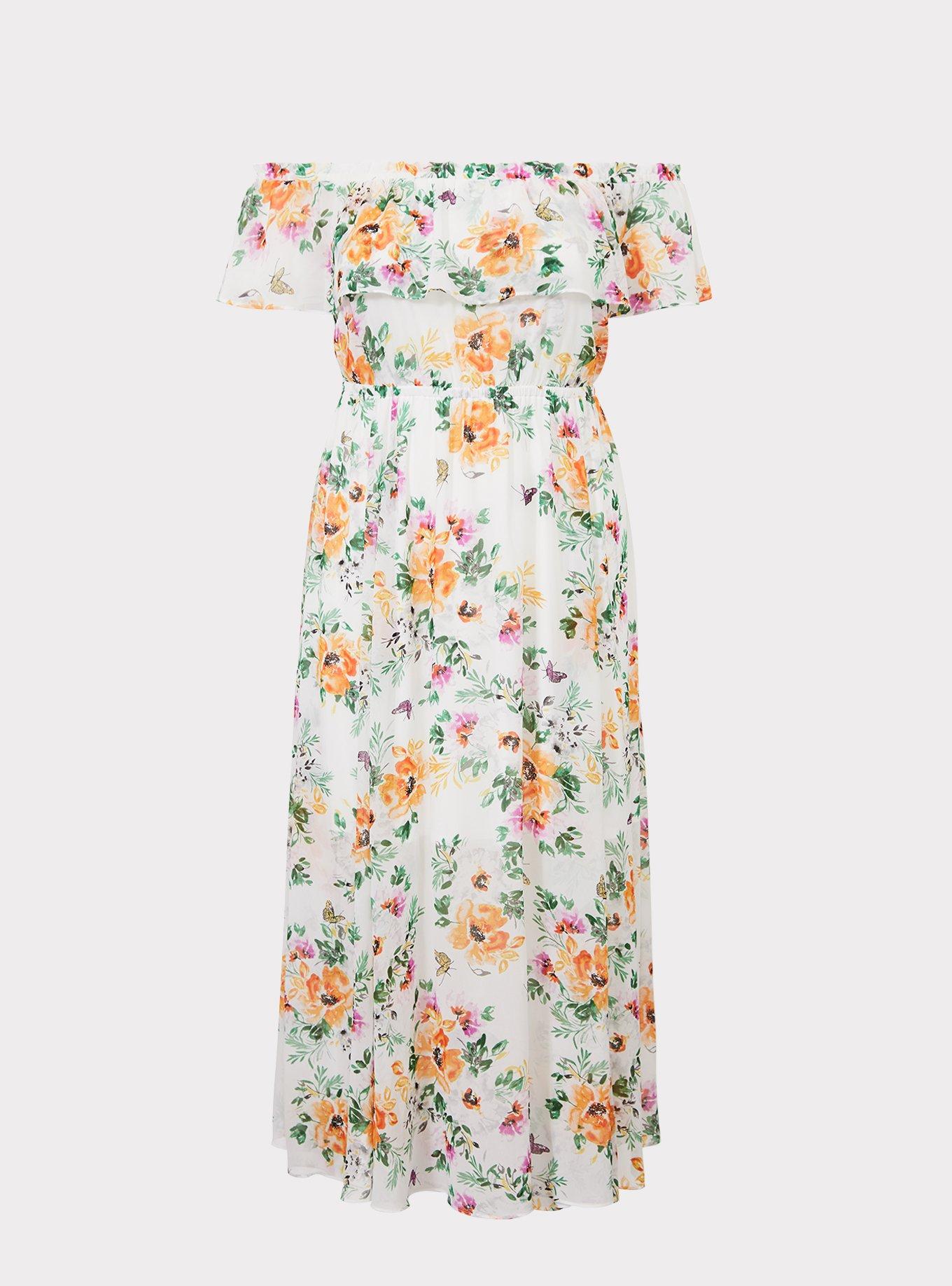 Plus Size Ivory Floral Off Shoulder Maxi Dress, , hi-res