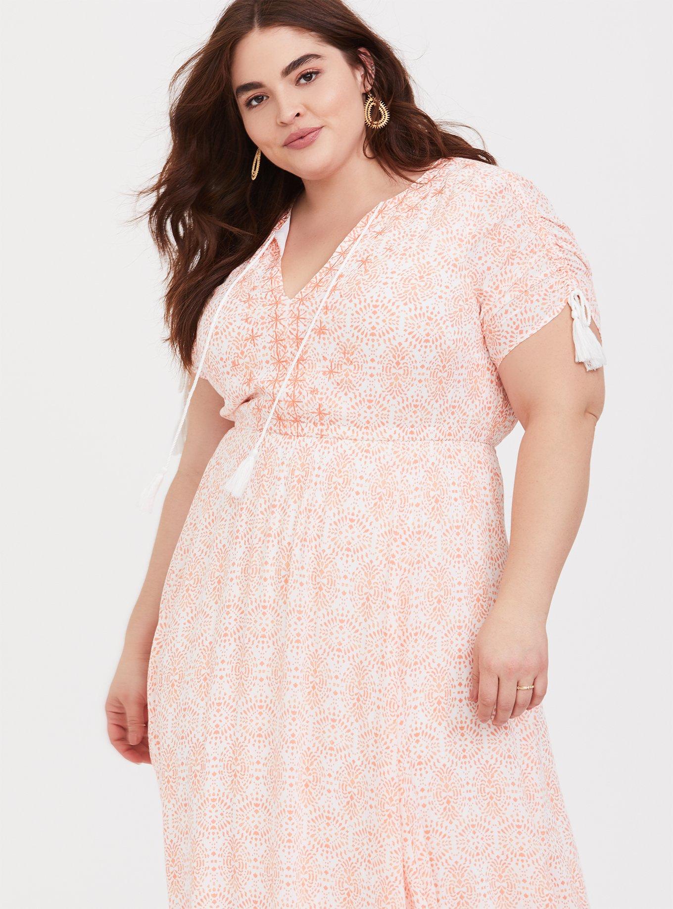 Plus Size Ivory & Coral Gauze Tassel Maxi Dress, , alternate