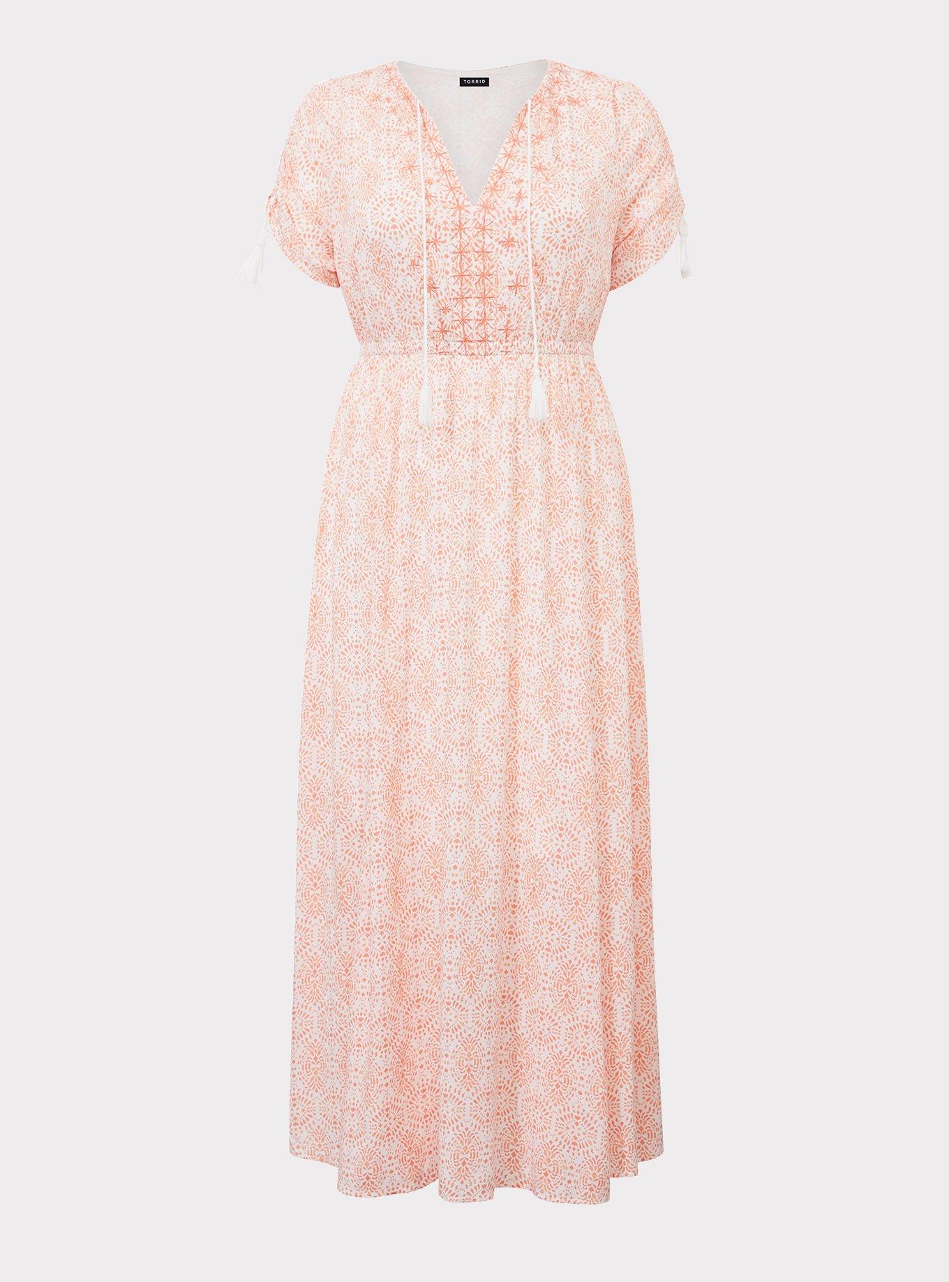 Plus Size Ivory & Coral Gauze Tassel Maxi Dress, , hi-res