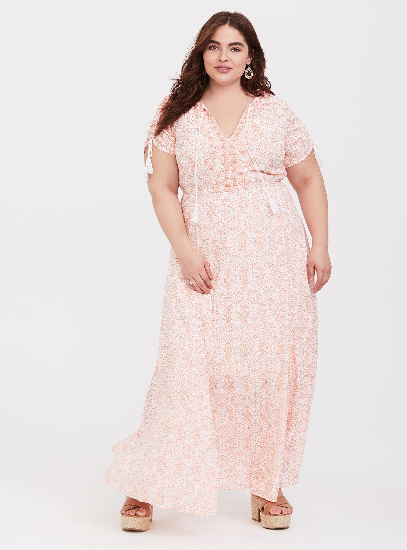 Plus Size Ivory & Coral Gauze Tassel Maxi Dress, , hi-res