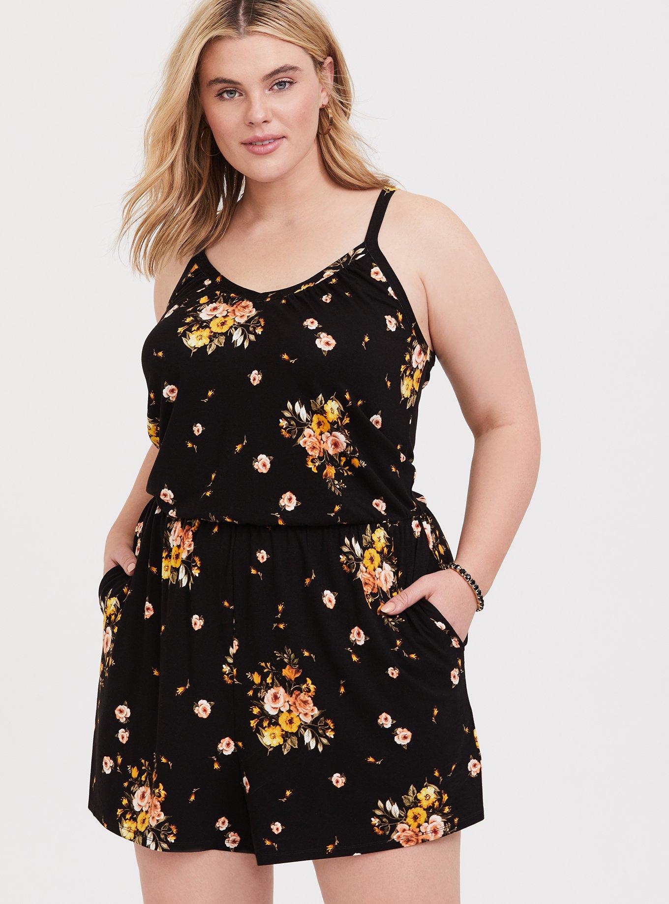 Jersey V-Neck Romper, FLORAL BLACK, alternate