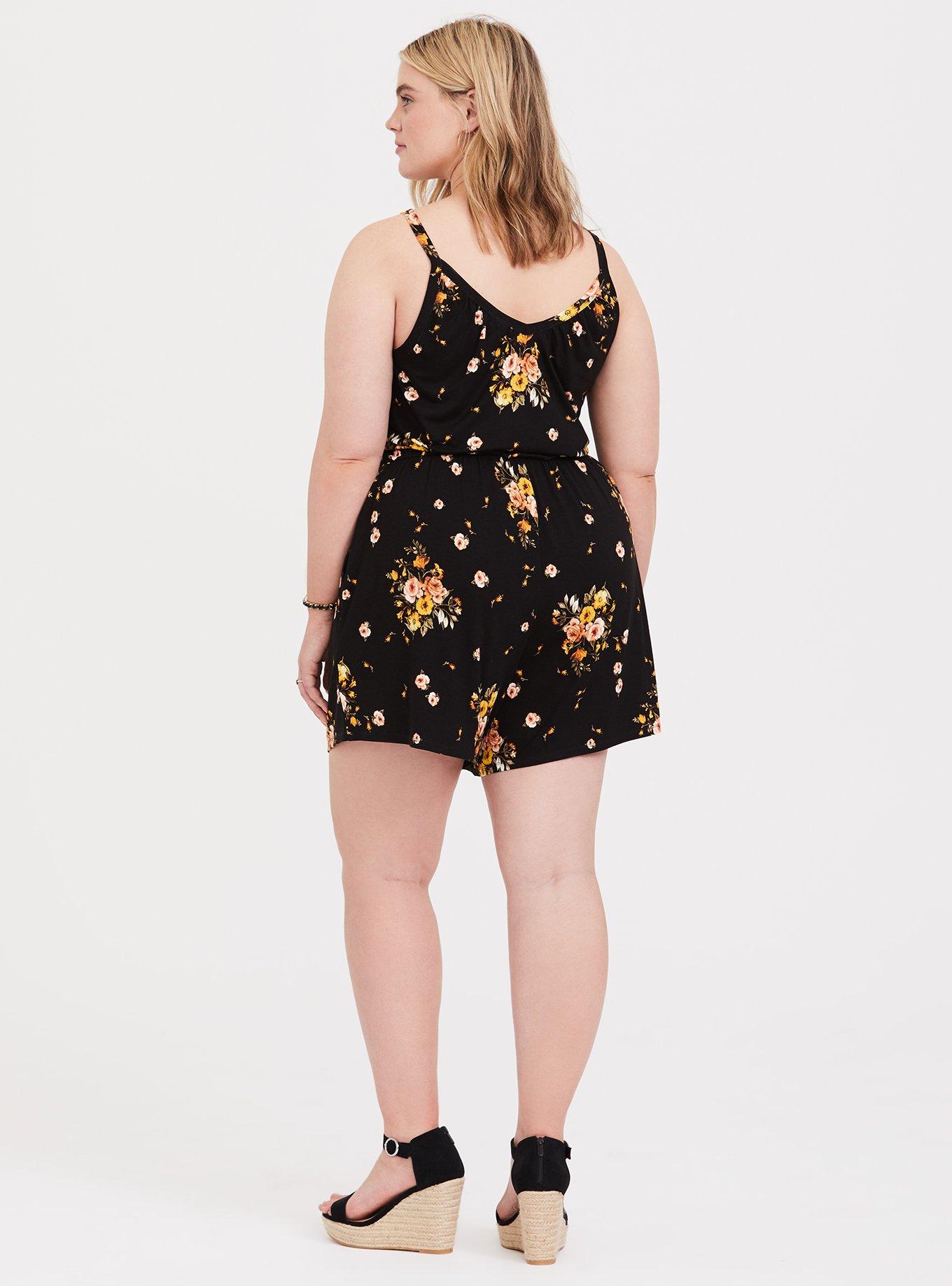 Jersey V-Neck Romper, FLORAL BLACK, alternate