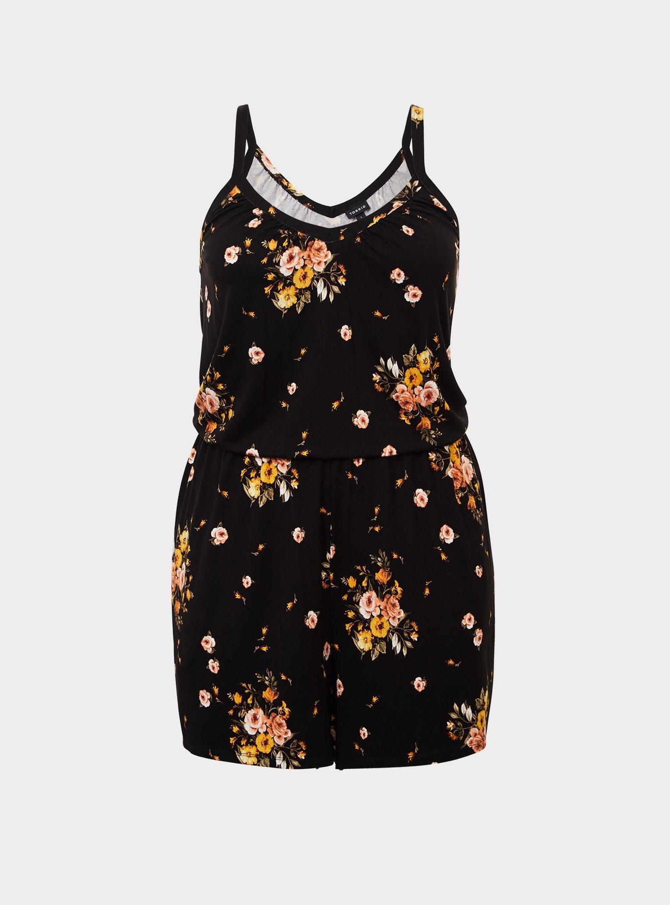 Jersey V-Neck Romper, FLORAL BLACK, hi-res