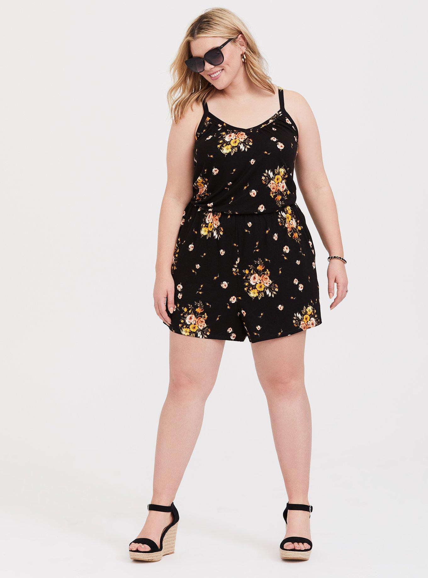 Jersey V-Neck Romper, FLORAL BLACK, hi-res